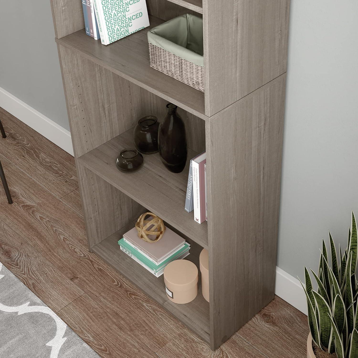 71.18"5 Shelves Beginnings Vertical Bookcase Silver Sycamore- Sauder: Modern Storage, MDF Frame: Paper Laminate Surface