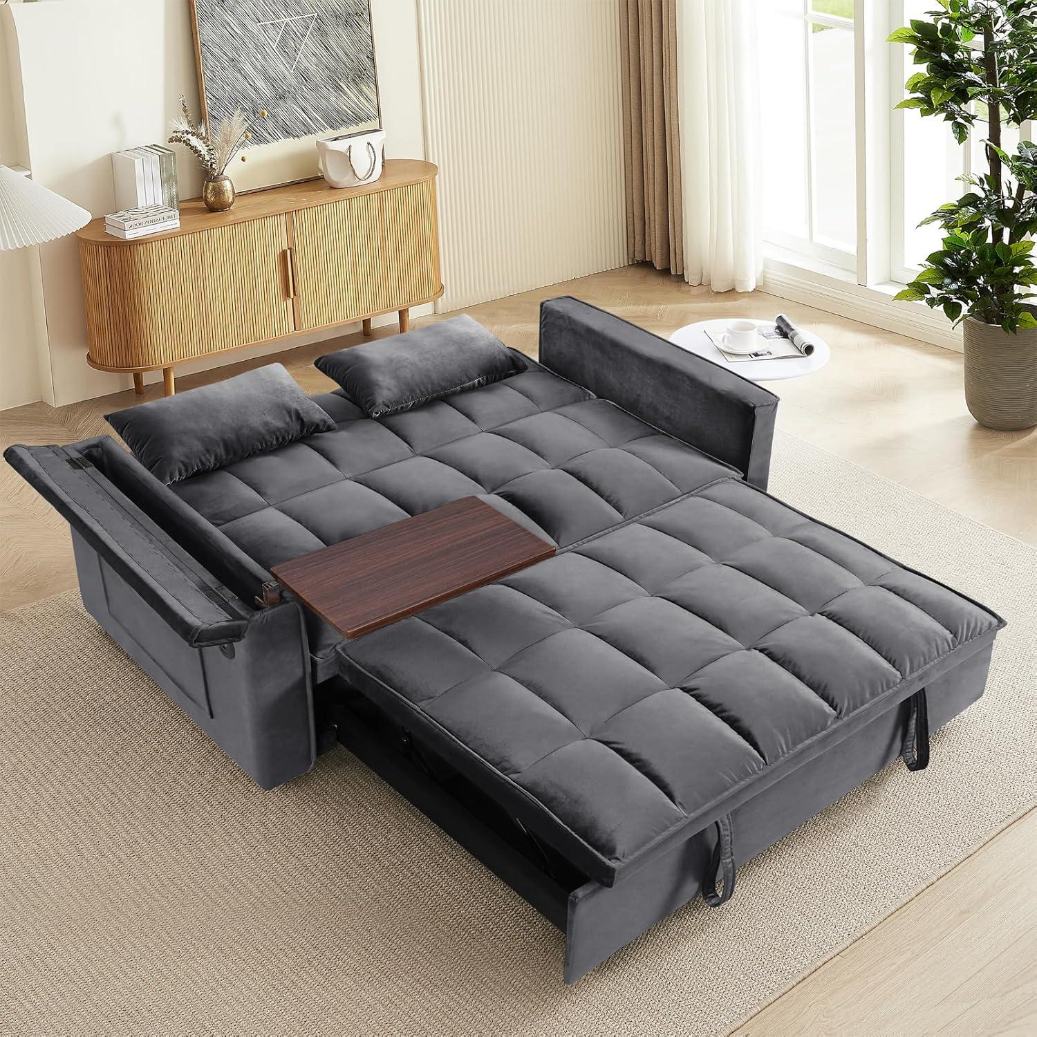 Convertible Sofa Bed,3-in-1 Velvet Sleeper Couch Pull-Out Bed,55'' Loveseat Sleeper Sofa Bed with Adjustable Backrest with Pillows and Storage Bag & USB Port and Hidden Side Computer Table,Dark Gray