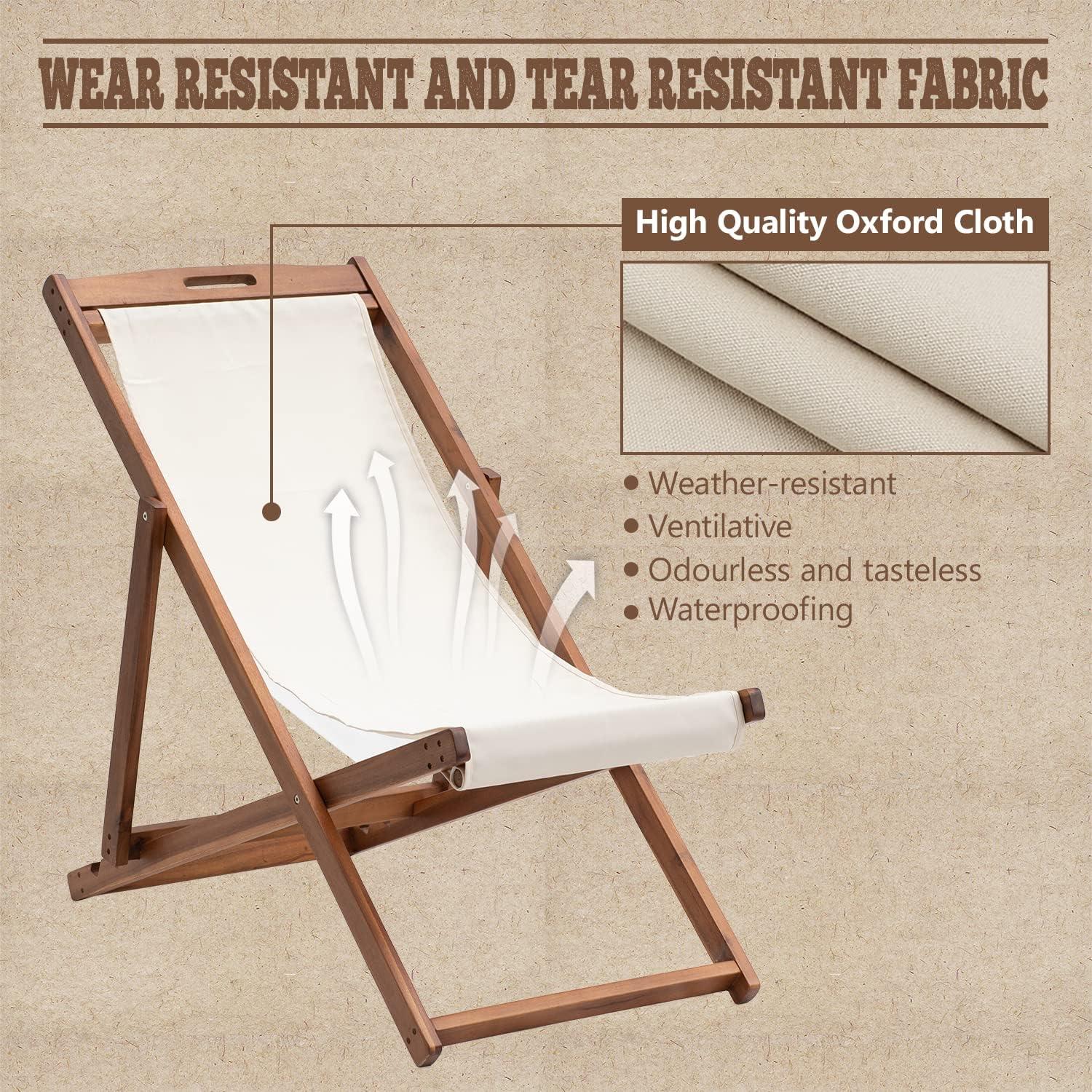 FDW Beach Sling Patio Chair for Relaxing, Foldable with Adjustable Height Made from Eucalyptus Wood with White Polyester,Khaki
