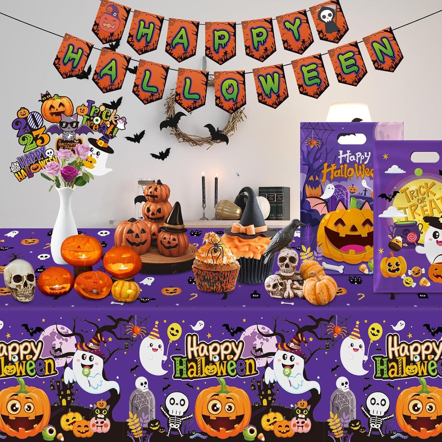 Juvale 3-Pack Halloween Table Cover for Party Supplies, Purple Disposable Plastic Tablecloth Decorations, Halloween Table Decorations for Themed Parties, Birthday Celebrations and More (54 x 108 In)