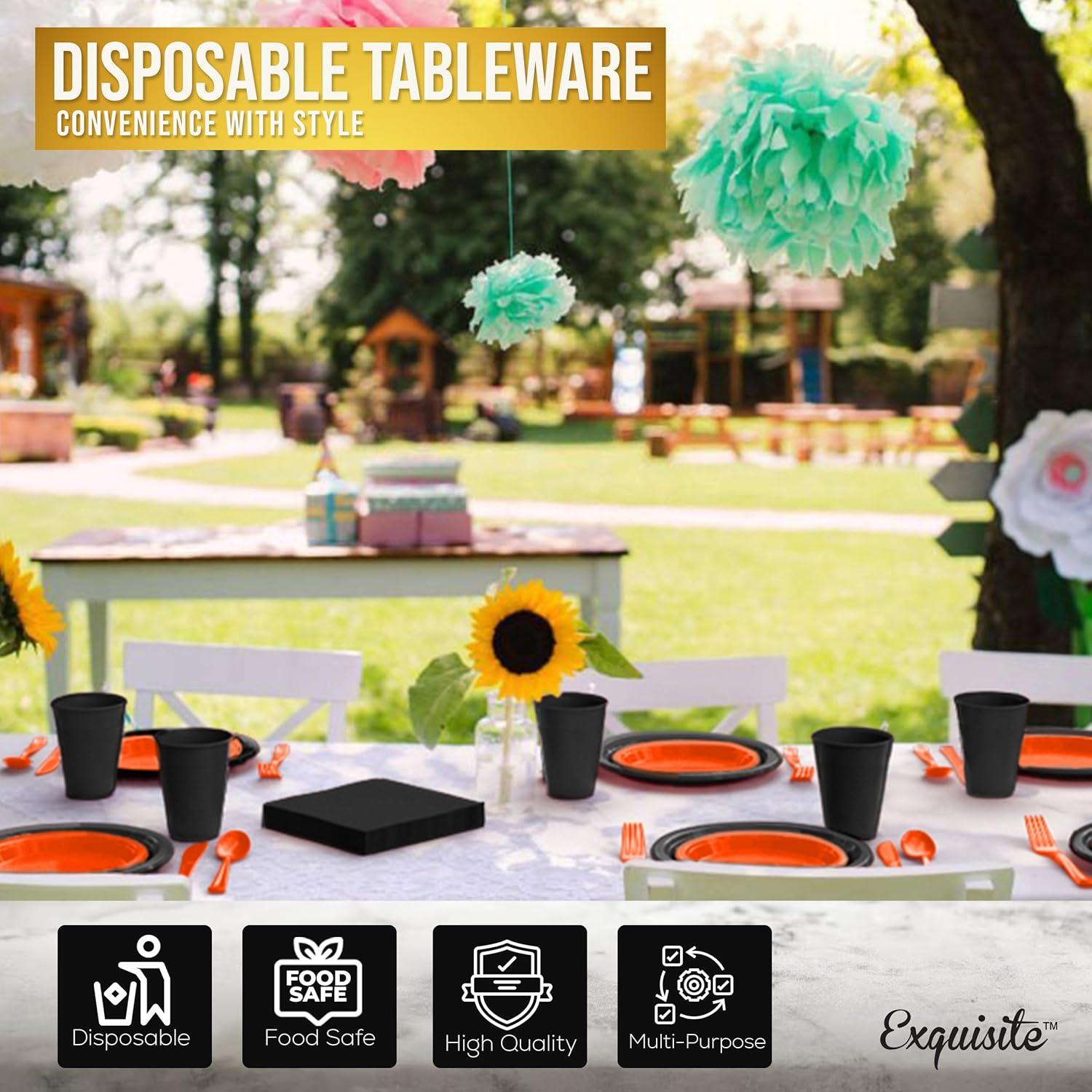 Crown Display 350 Piece Black and Orange Halloween Disposable Plastic Dinnerware party set- Serves 50