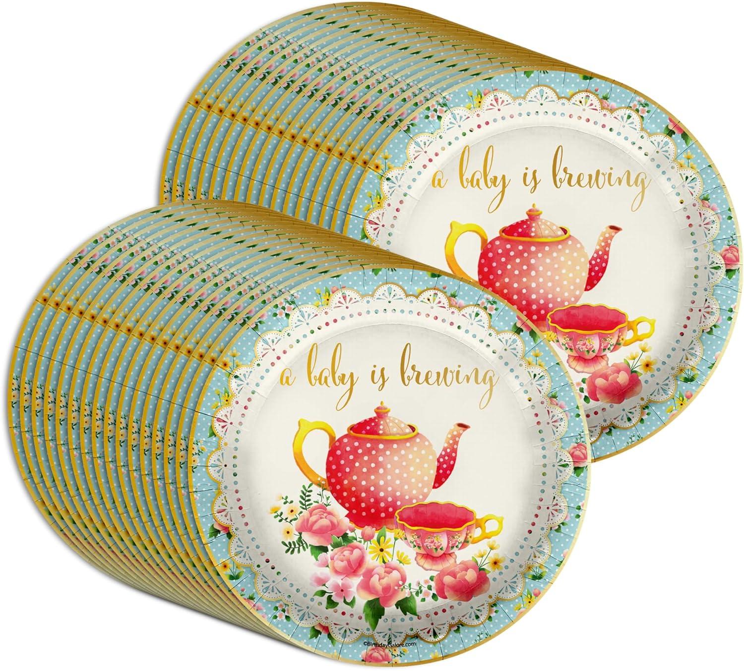 A Baby is Brewing Tea Baby Shower Party Supplies Large 9" Paper Plates in Bulk 32 Piece