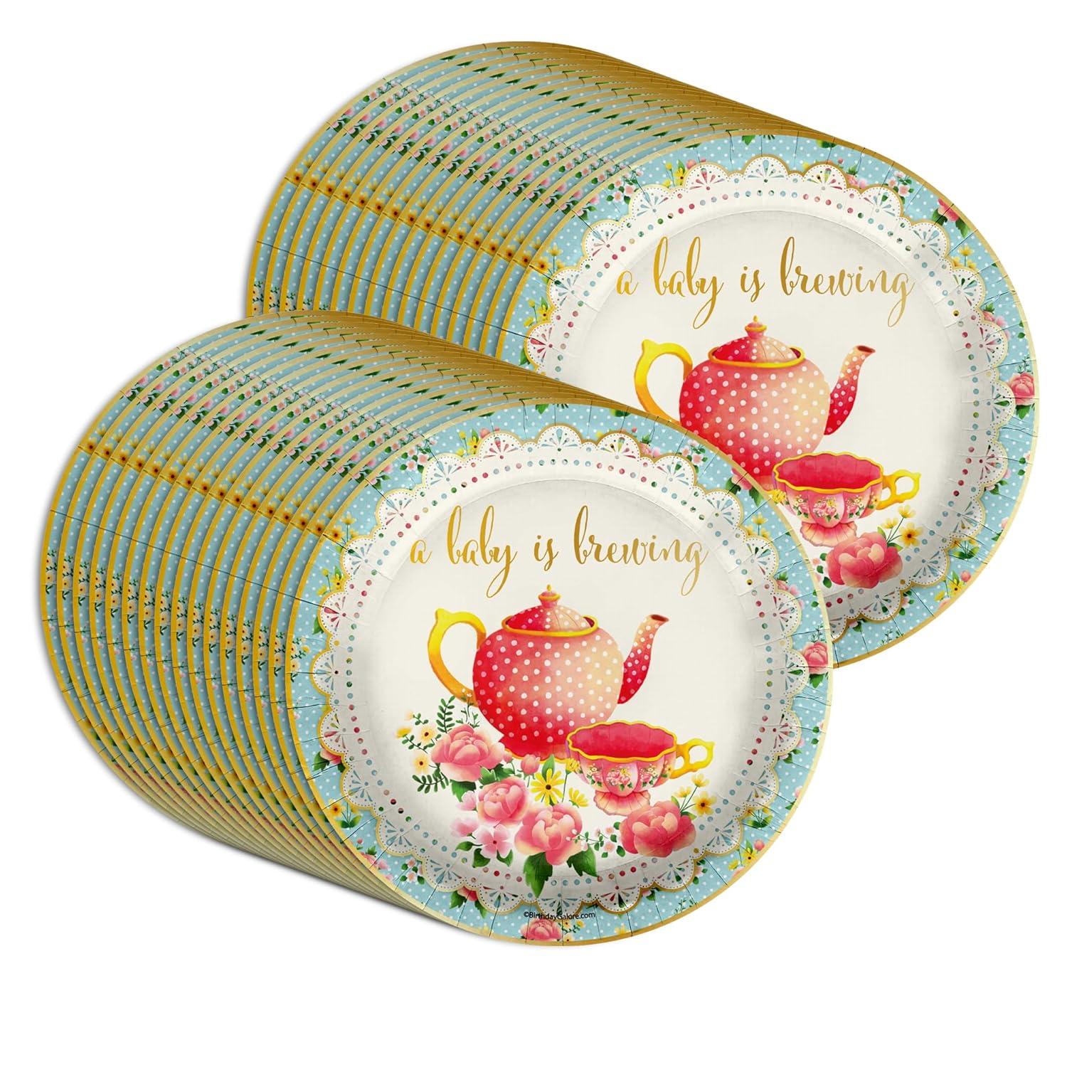 A Baby is Brewing Tea Baby Shower Party Supplies Large 9" Paper Plates in Bulk 32 Piece