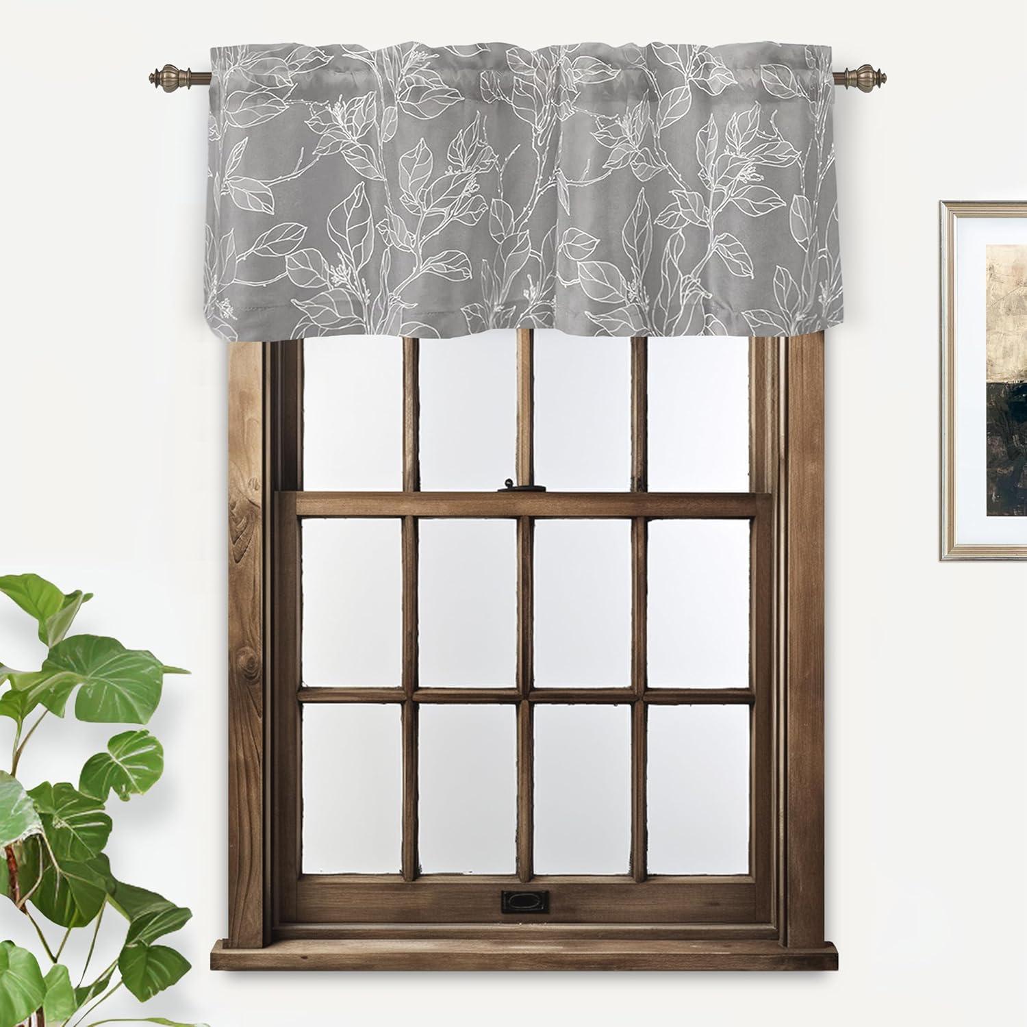 DriftAway Ryan Sketch Flower Floral Branch Leaves Lined Thermal Insulated Window Curtain Valance Rod Pocket, 52" x 18" Plus 2" Header, Gray