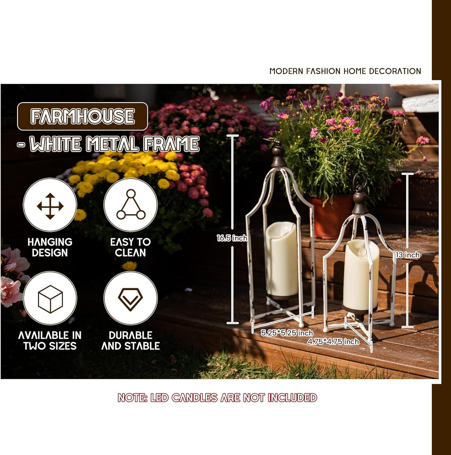 HPC Decor Lanterns Decorative for Home Decor- 16.5''13'' White Metal Candle Lanterns Set of 2- Modern Farmhouse Lantern Decor for Outdoor, Indoor, Living Room, Dining Table or Fireplace Mantle Decor