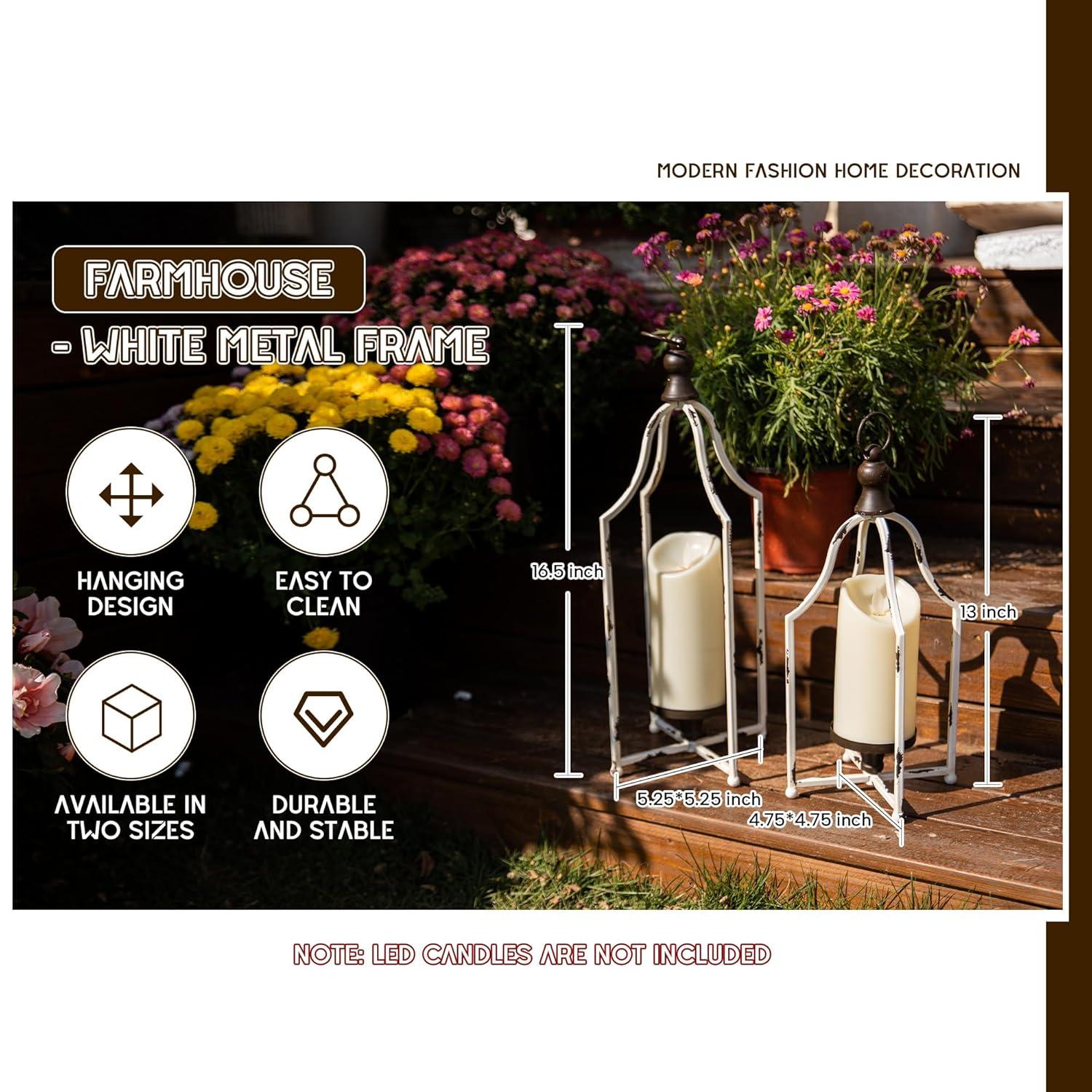 HPC Decor Lanterns Decorative for Home Decor- 16.5''13'' White Metal Candle Lanterns Set of 2- Modern Farmhouse Lantern Decor for Outdoor, Indoor, Living Room, Dining Table or Fireplace Mantle Decor