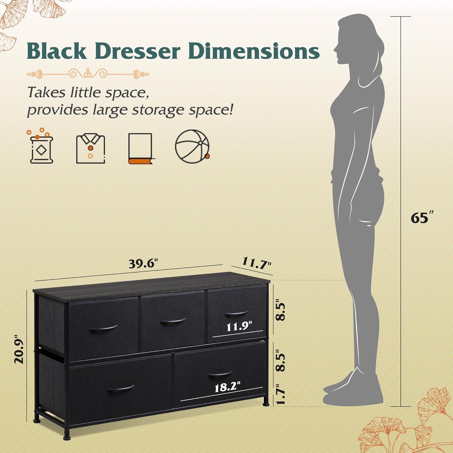 EDX 5 Drawer Dresser, Wide Chest Of Drawers Nightstand Storage Tower Storage Dresser Fabric Dresser With Wood Top for Living Room, Bedroom, Hallway,Black