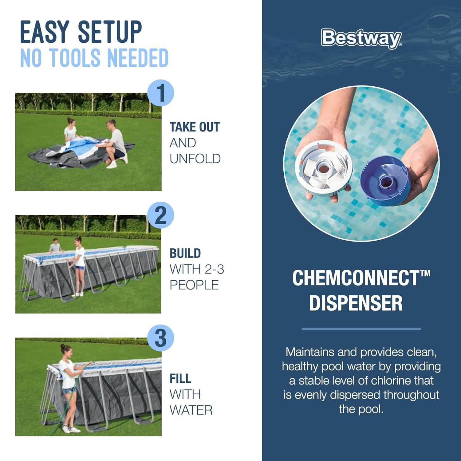 Bestway Power Steel 18' x 9' x 48" Rectangular Metal Frame Above Ground Swimming Pool Set with 1,500 GPH Filter Pump, Ladder, and Pool Cover