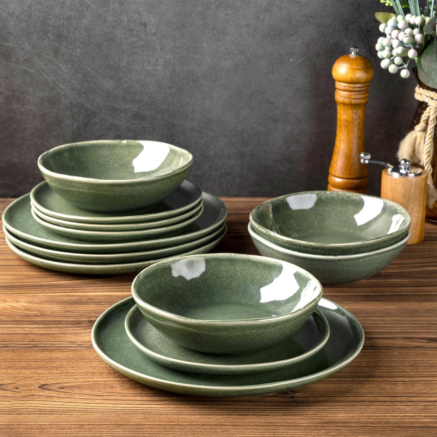 Olive Green and White Ceramic Dinnerware Set for 4