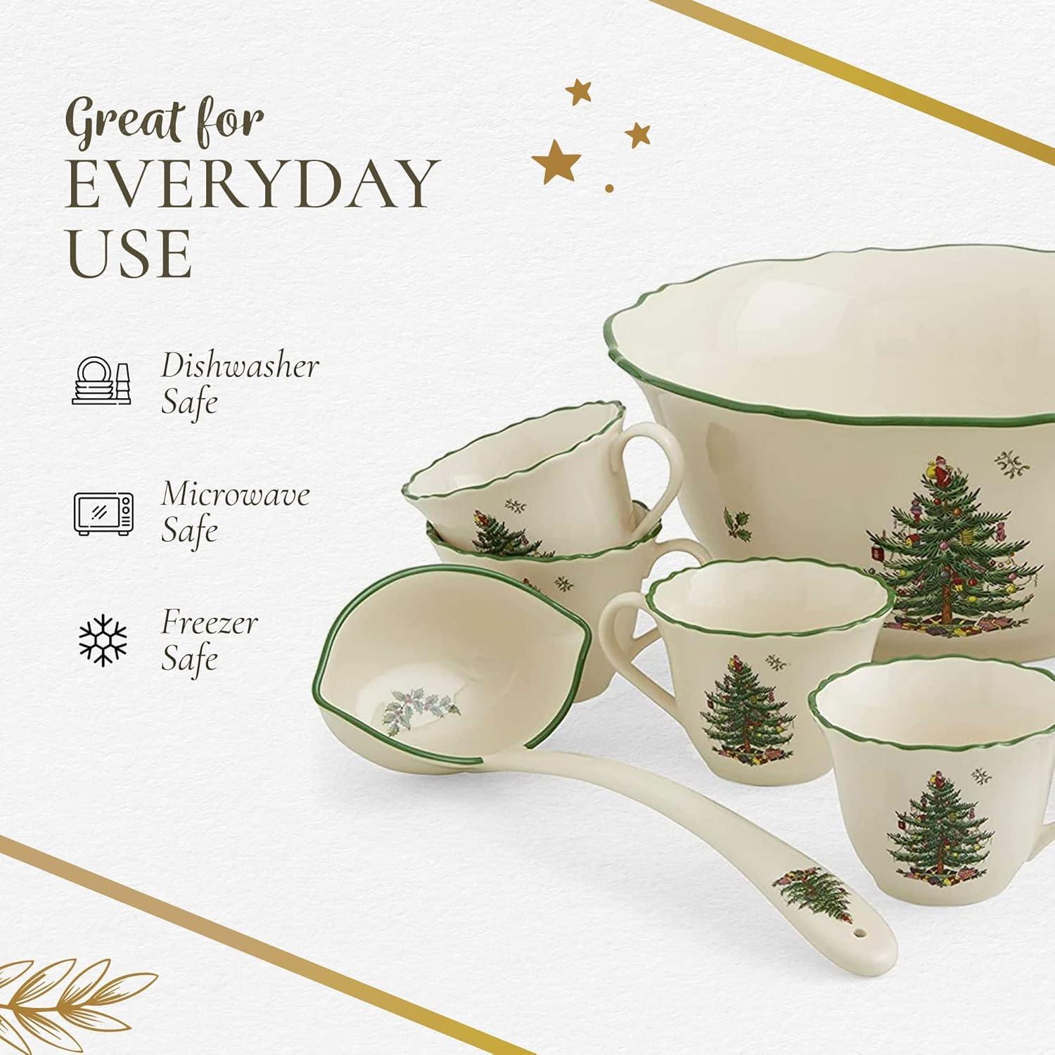 Spode Christmas Tree 10 Pc Punch Bowl W/Cups&Ladle