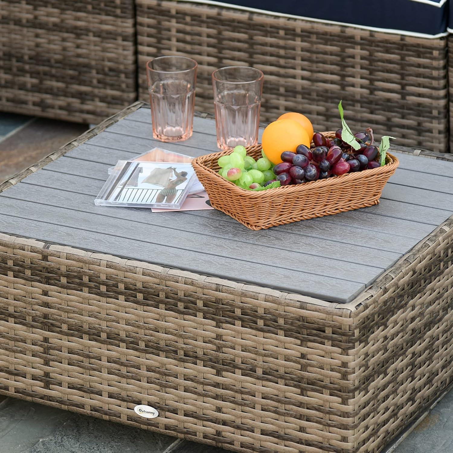 Outsunny 7-Piece Patio Furniture Set, Outdoor Wicker Conversation Set, All Weather PE Rattan Sectional Sofa w/ Faux Wood Table, Stripe Pillows, Beige