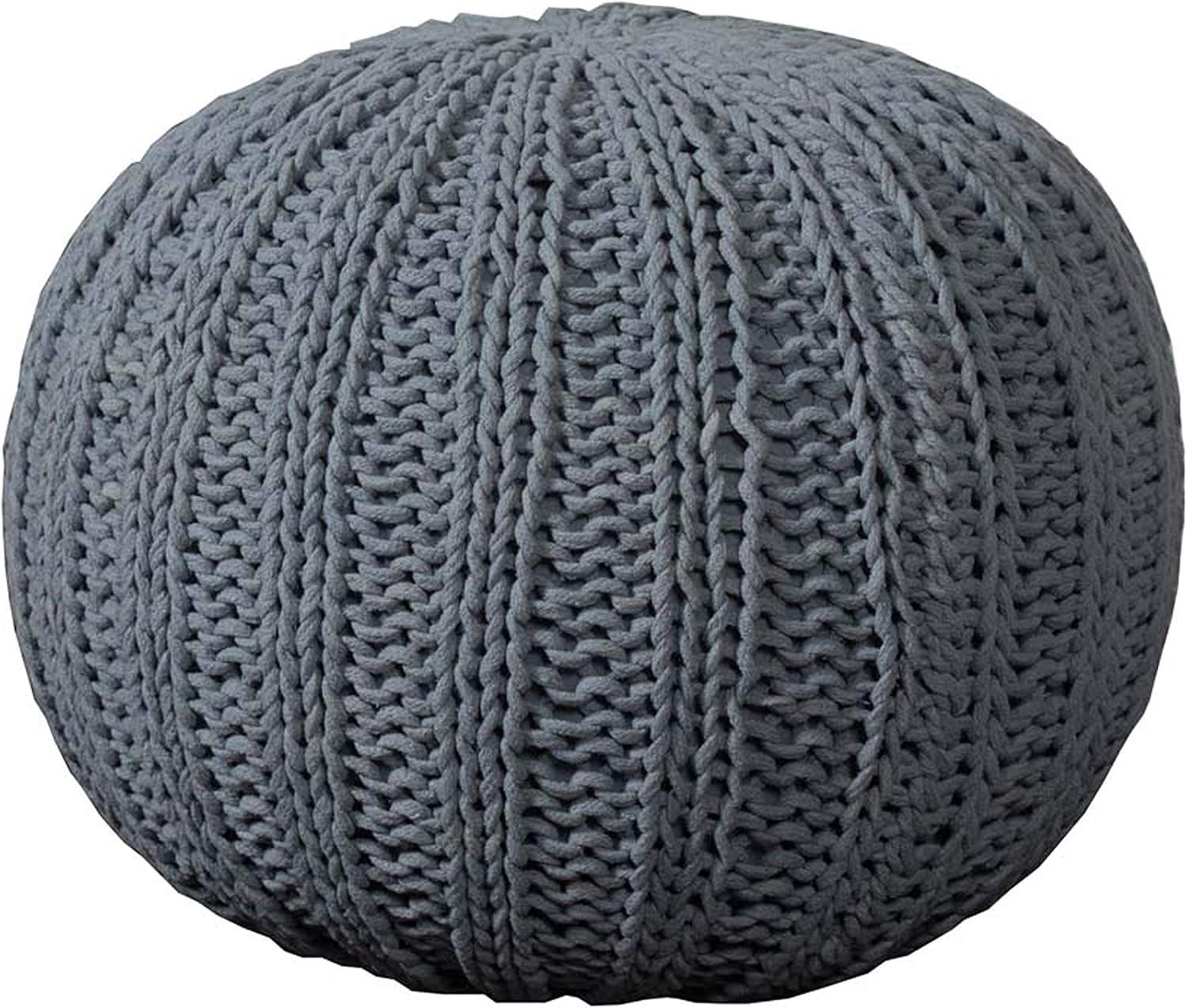 Gray Hand-Knitted Cotton Round Pouf, 20"