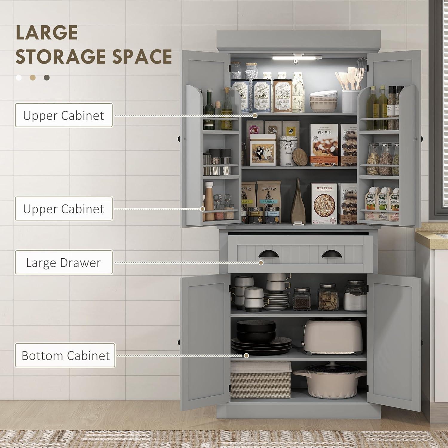 HOMCOM 71" LED Kitchen Pantry Cabinet, Tall Storage Cabinet with 6 Door Shelves, a Drawer and 4 Adjustable Shelves, Gray