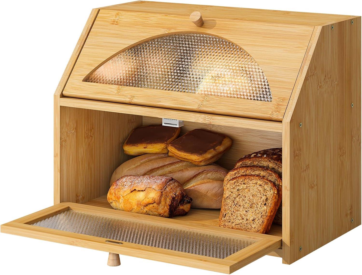 Natural Bamboo Double Layer Bread Box with Diamond Pattern Windows