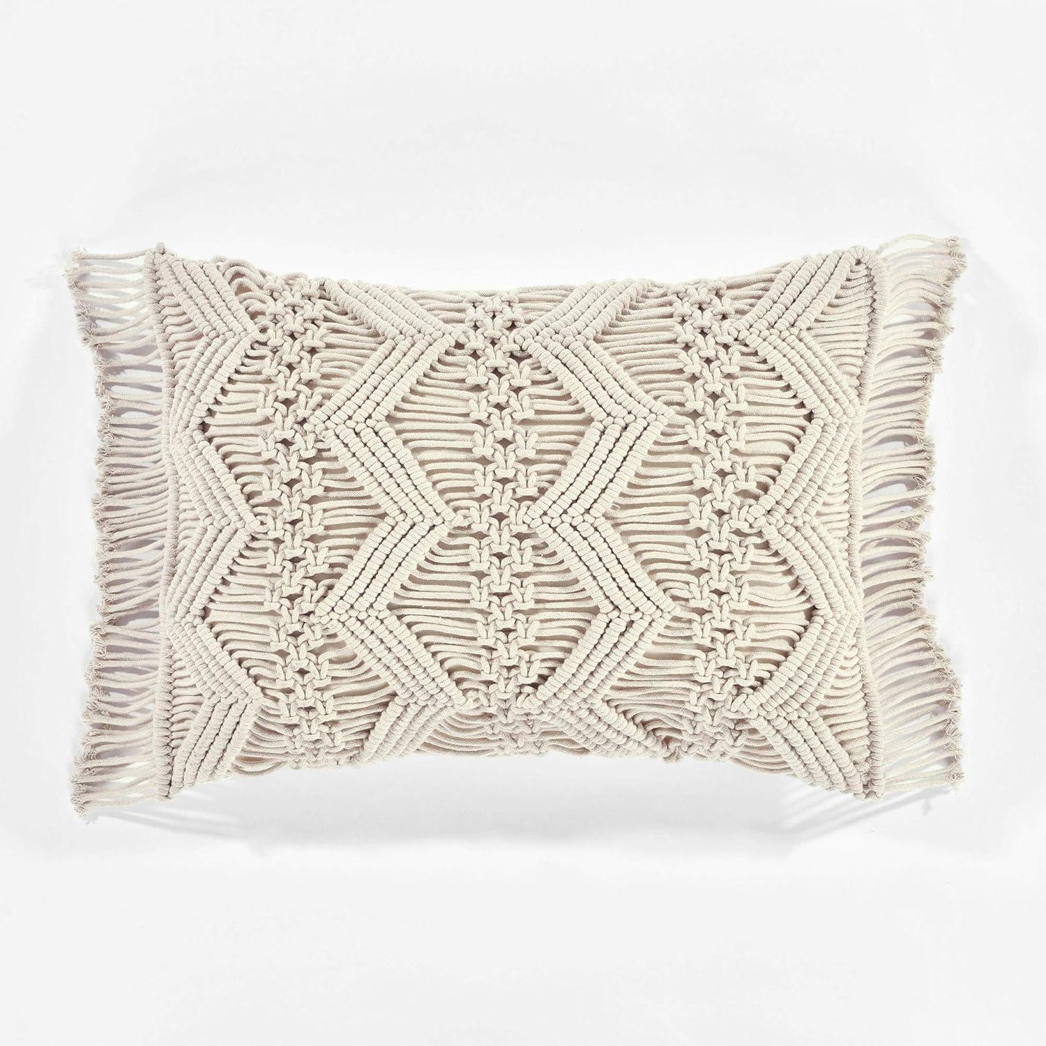 13"x20" Oversize Studio Chevron Macrame Lumbar Throw Pillow Cover with Fringes - Lush Décor