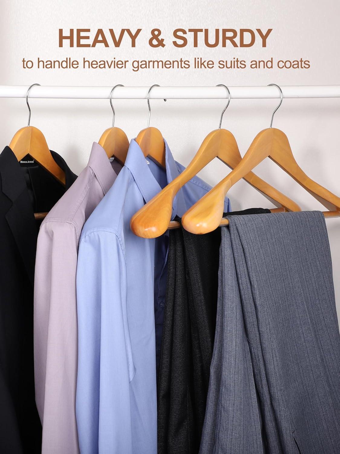 Natural Solid Wood Wide Shoulder Suit Hangers with Non-Slip Bar, 6 Pack