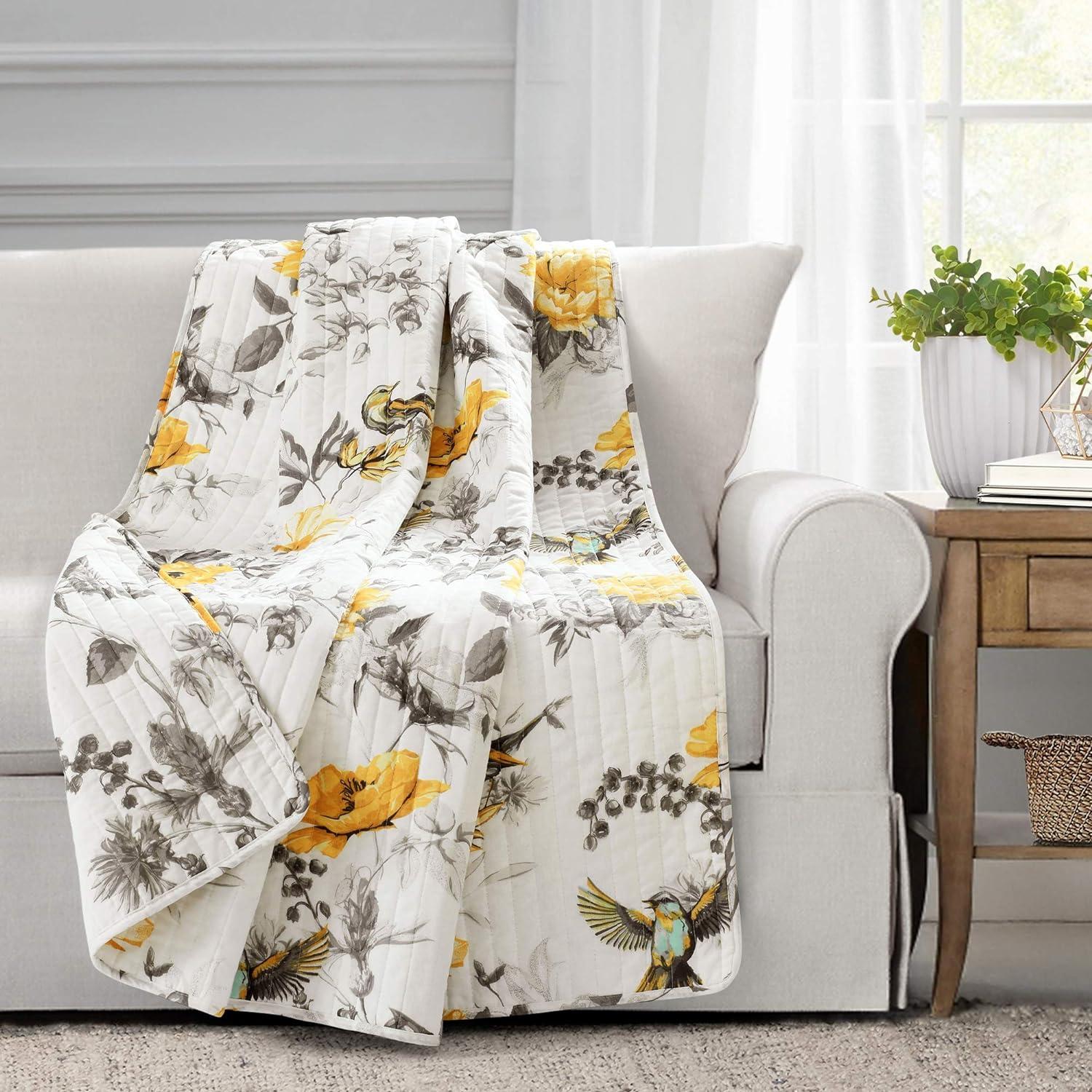 Lush Decor Penrose Floral Cotton Reversible Throw, 60x50, Yellow/Gray, Single