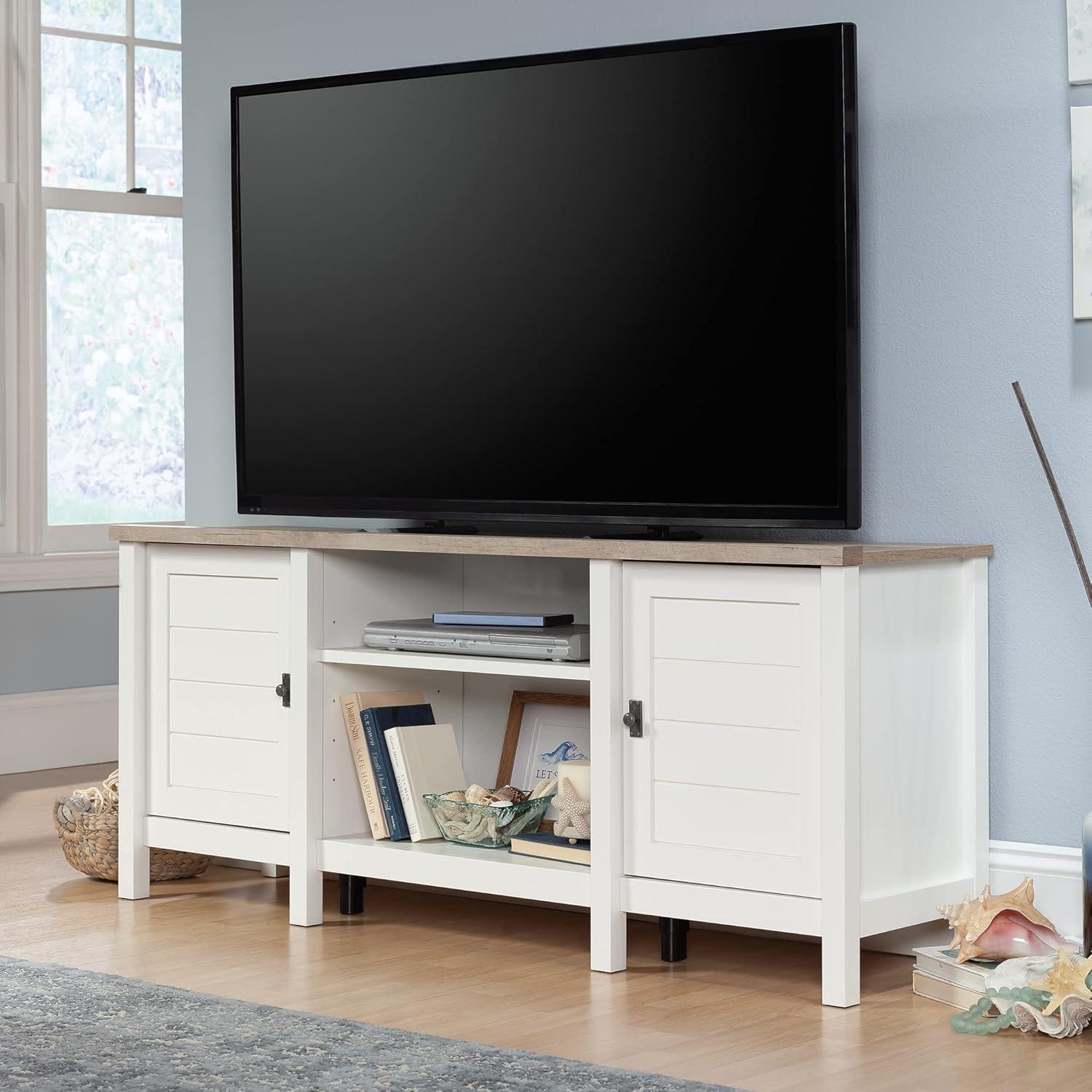 Soft White Farmhouse TV Stand with Cabinets and Shelves