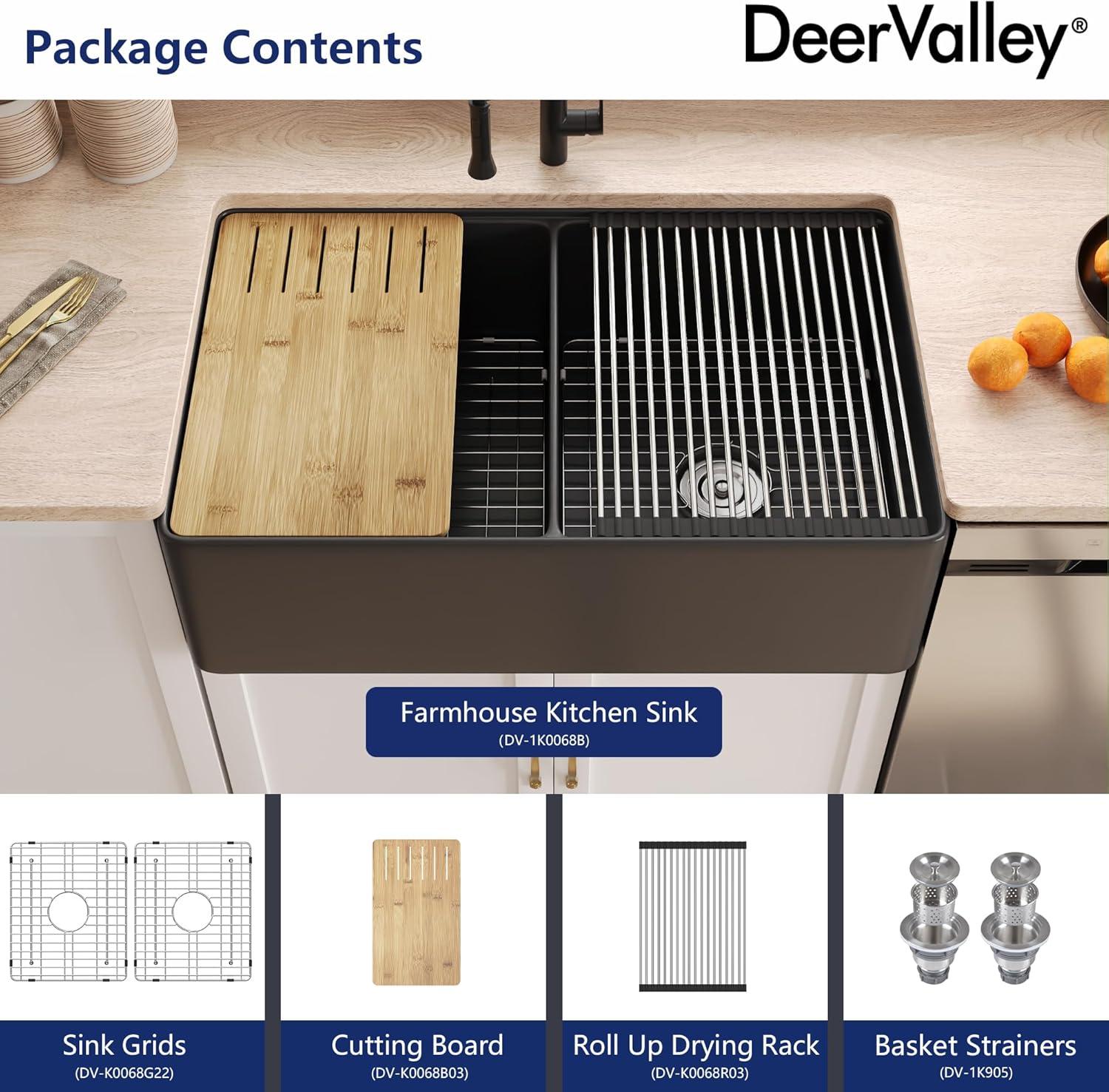 33"L x 20"W Farmhouse Kitchen Sink Deep Single Bowl Fireclay Workstation Sink with Cutting Board and Dish Drying Rack