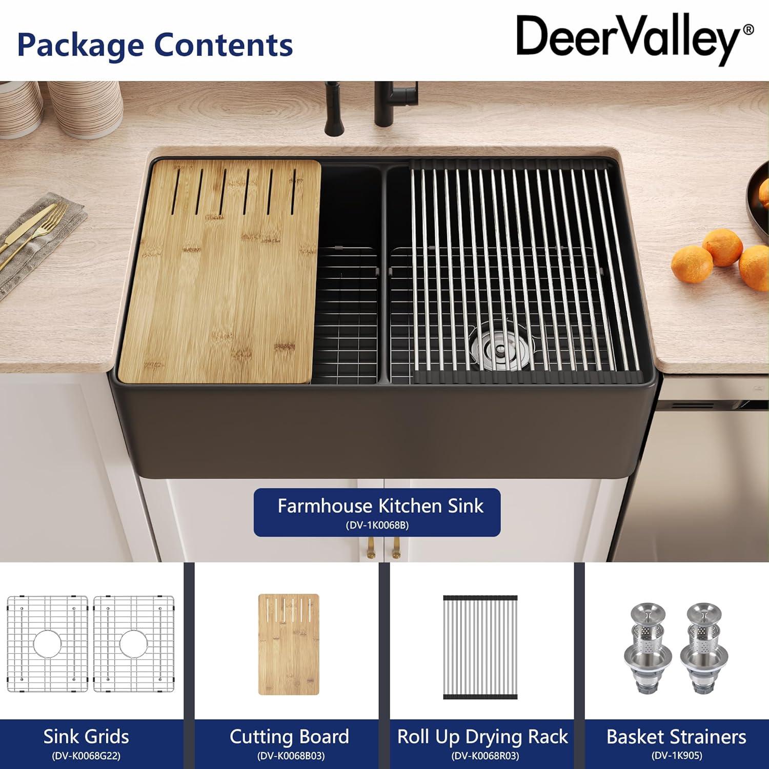 33"L x 20"W Farmhouse Kitchen Sink Deep Single Bowl Fireclay Workstation Sink with Cutting Board and Dish Drying Rack