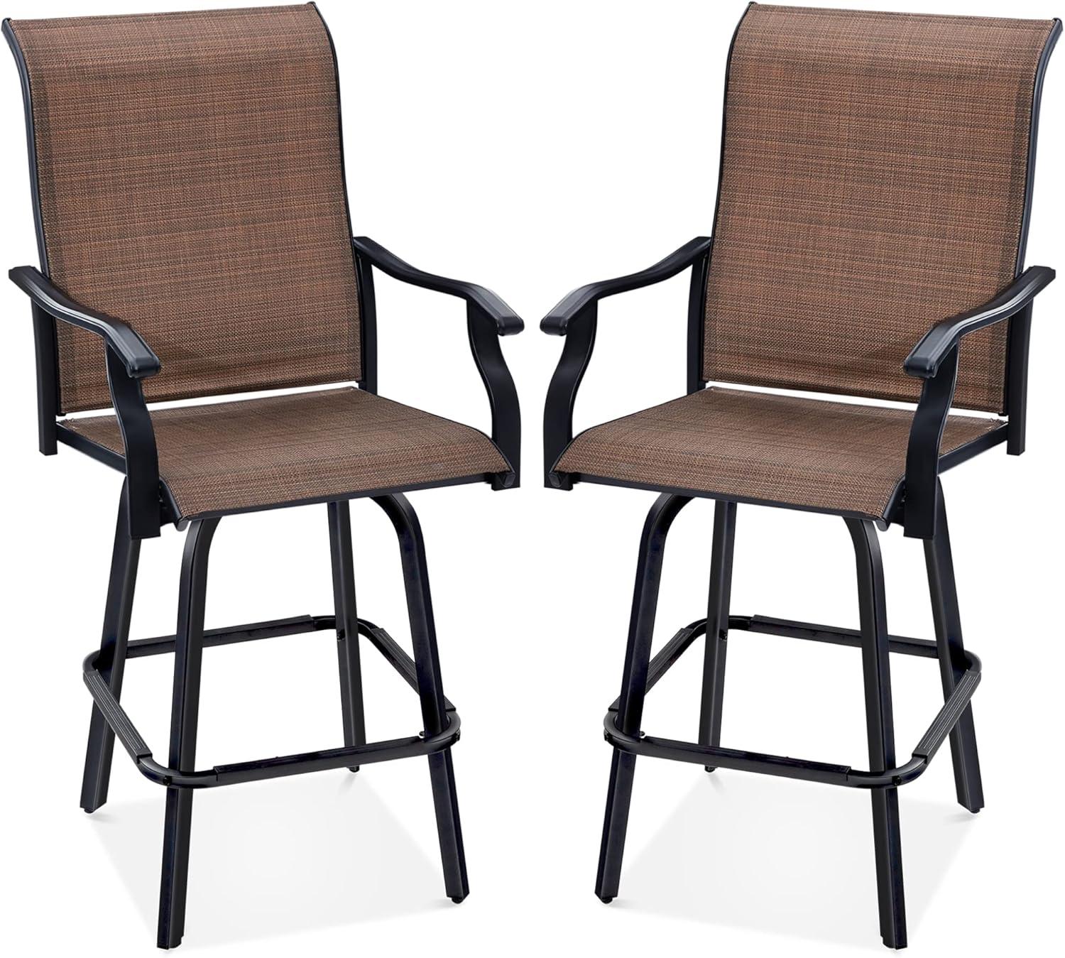 Brown Outdoor Swivel Bar Stools with Mesh and Steel Frame, Set of 2