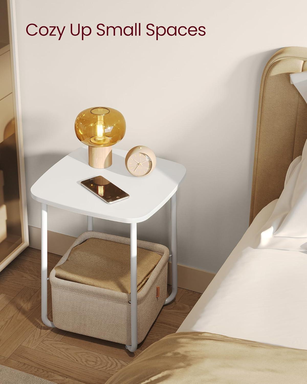 Matte White and Camel Brown Square Nightstand with Fabric Basket