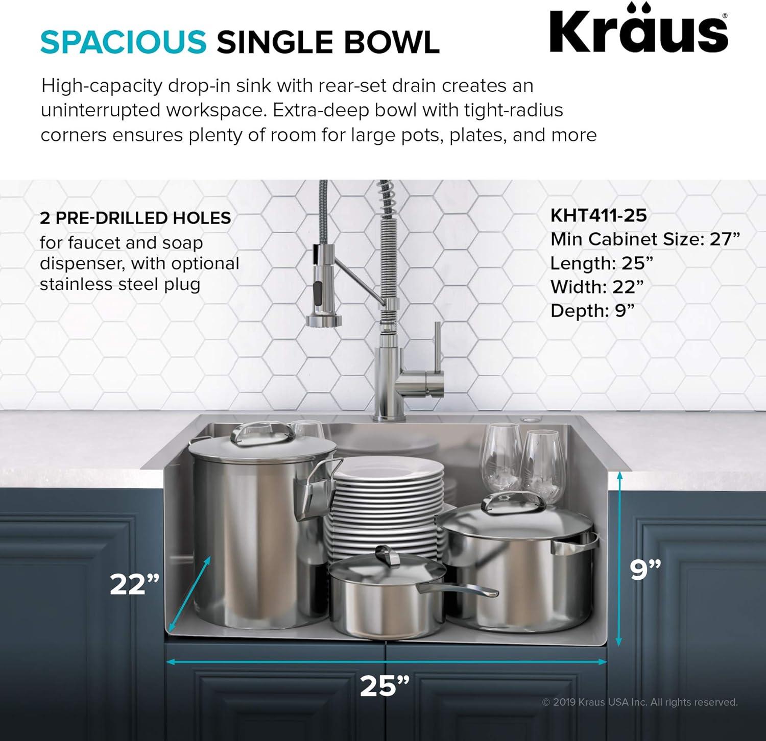 Kraus KHT411-25 Standart Pro Drop-in Topmount 16 Gauge Single Bowl 2-Hole Stainless Steel Set (5 Item Bundle: Sink, Bottom Grid, Assembly, Drain Cap, Kitchen Towel), 25 Inch, Tight Radius