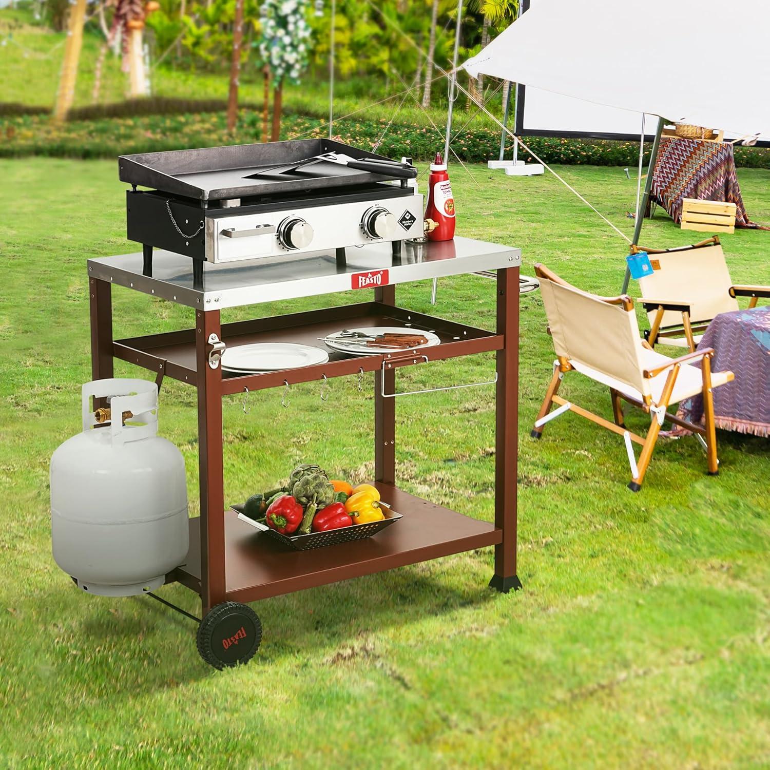 Three-Shelf Red and Stainless Steel Outdoor Grill Cart