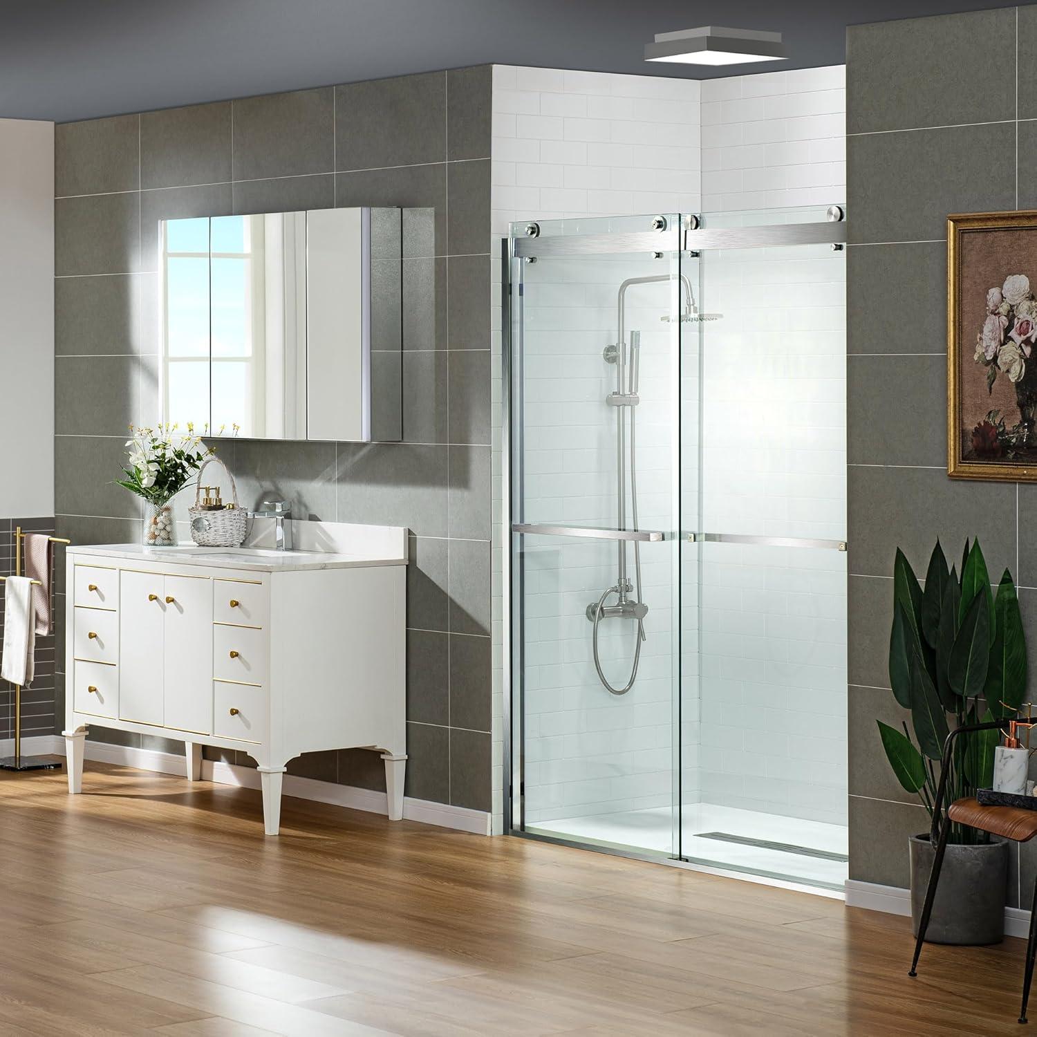 WoodBridge 56-60x76" Double Sliding Shower Door with 3/8" Thickened Upgrade Tempered Glass | Stainless Steel Hardware | Safe, Explosion-Resistant, Clear & Stylish, Sturdy & Durable  SDD6076-B
