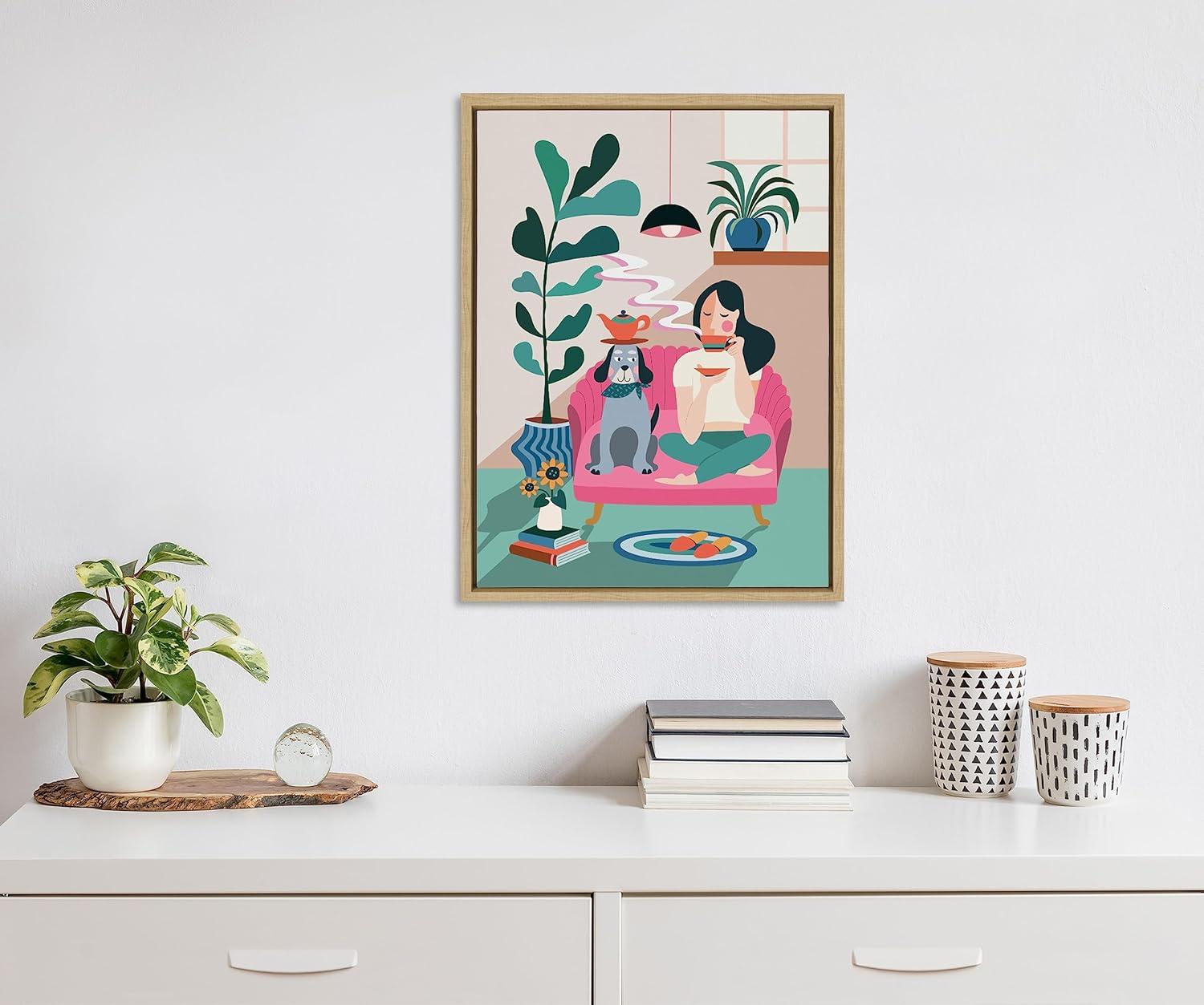 Kate and Laurel Sylvie Mid Century Modern Tea Time Framed Canvas Wall Art by Rachel Lee of My Dream Wall, 18x24 Natural, Modern Colorful Pattern Illustration Art for Wall