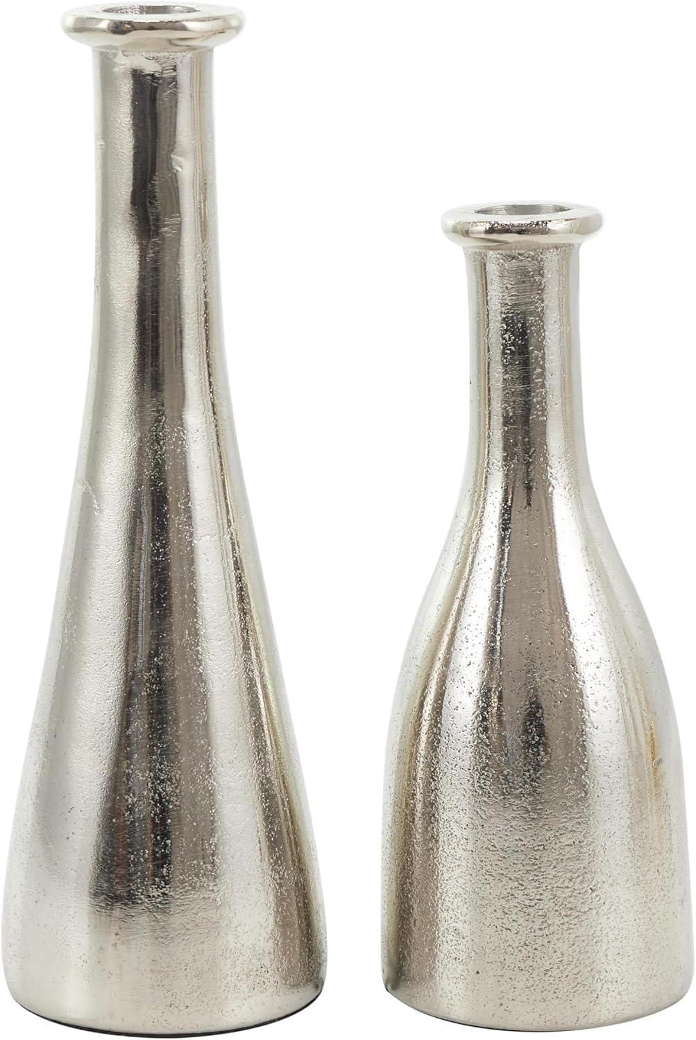 Deco 79 Aluminum Metal Decorative Candle Holder Candle Stand with Varying Shapes, Set of 2 Candlestick Holder 9", 7" H, Silver