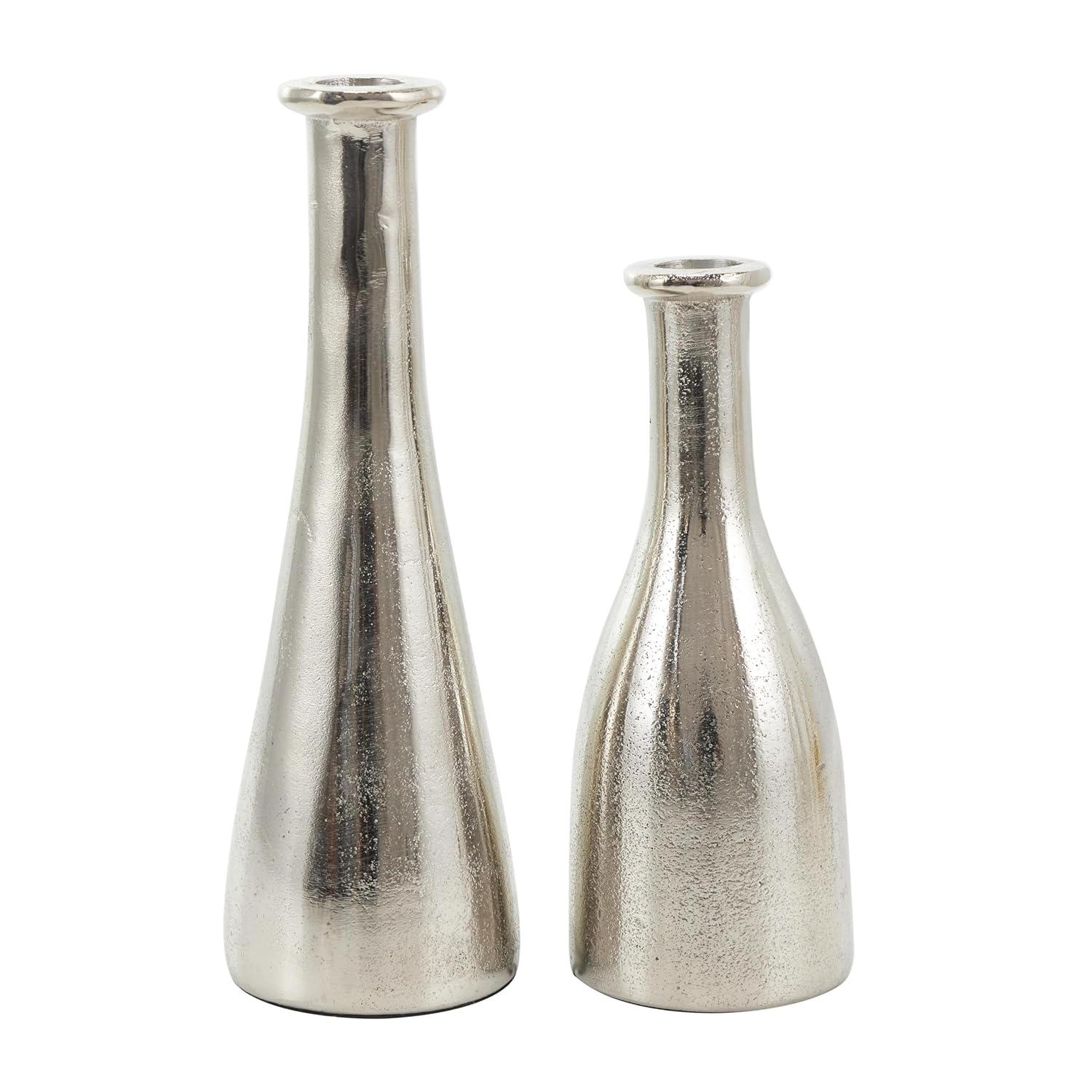Deco 79 Aluminum Metal Decorative Candle Holder Candle Stand with Varying Shapes, Set of 2 Candlestick Holder 9", 7" H, Silver