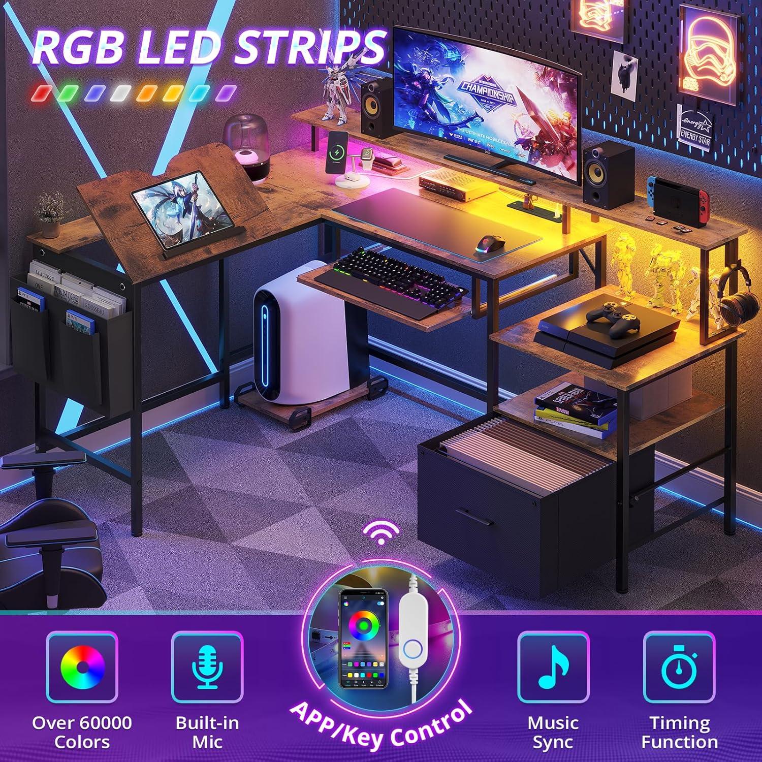 Afuhokles L Shaped Gaming Desk, Led Reversible Corner Computer Desk with Power Outlet, Monitor Stand CPU Stand, Brown