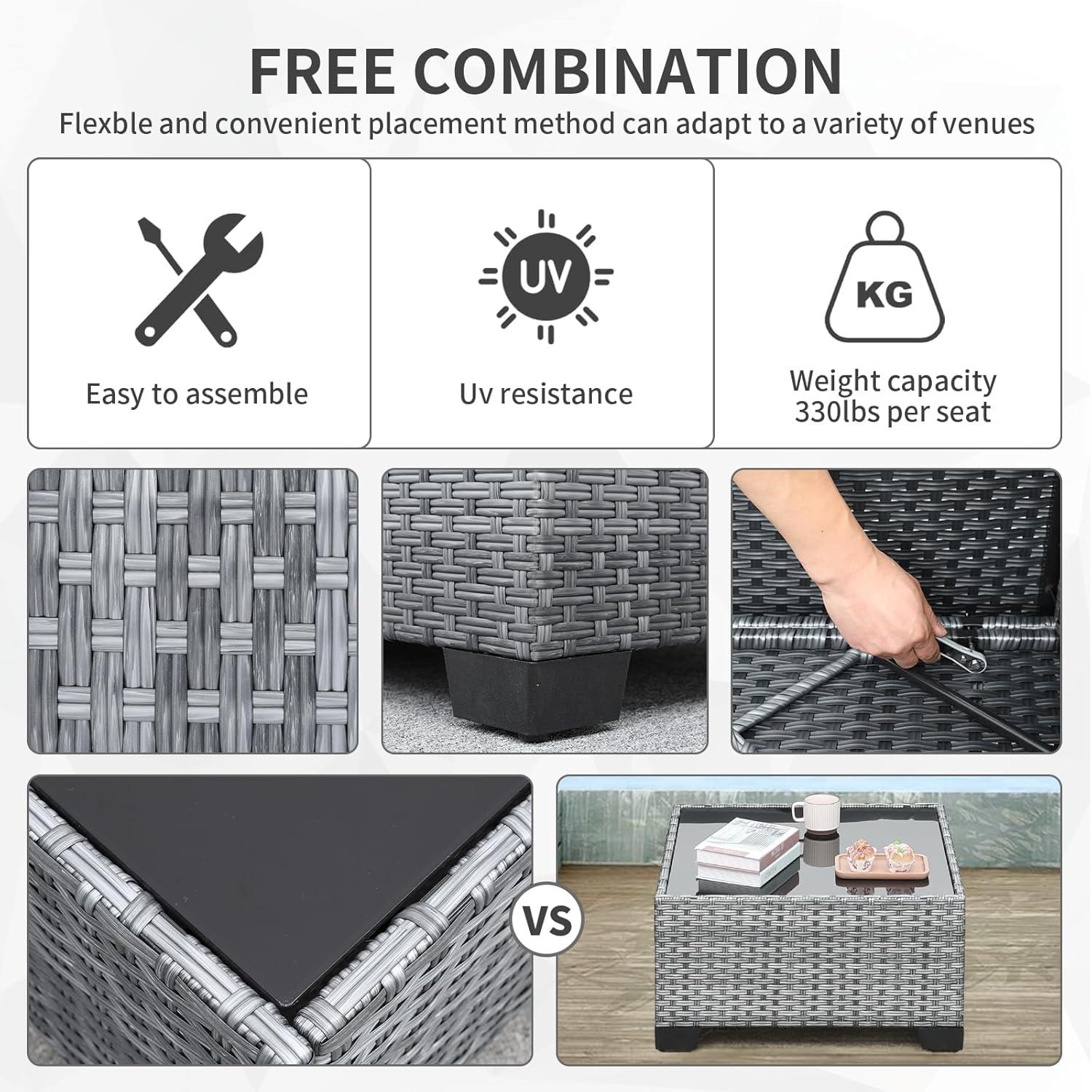 Valita 7 Piece Outdoor PE Wicker Furniture Set, Patio Gray Rattan Sectional Sofa Couch with Washable Grey Cushions