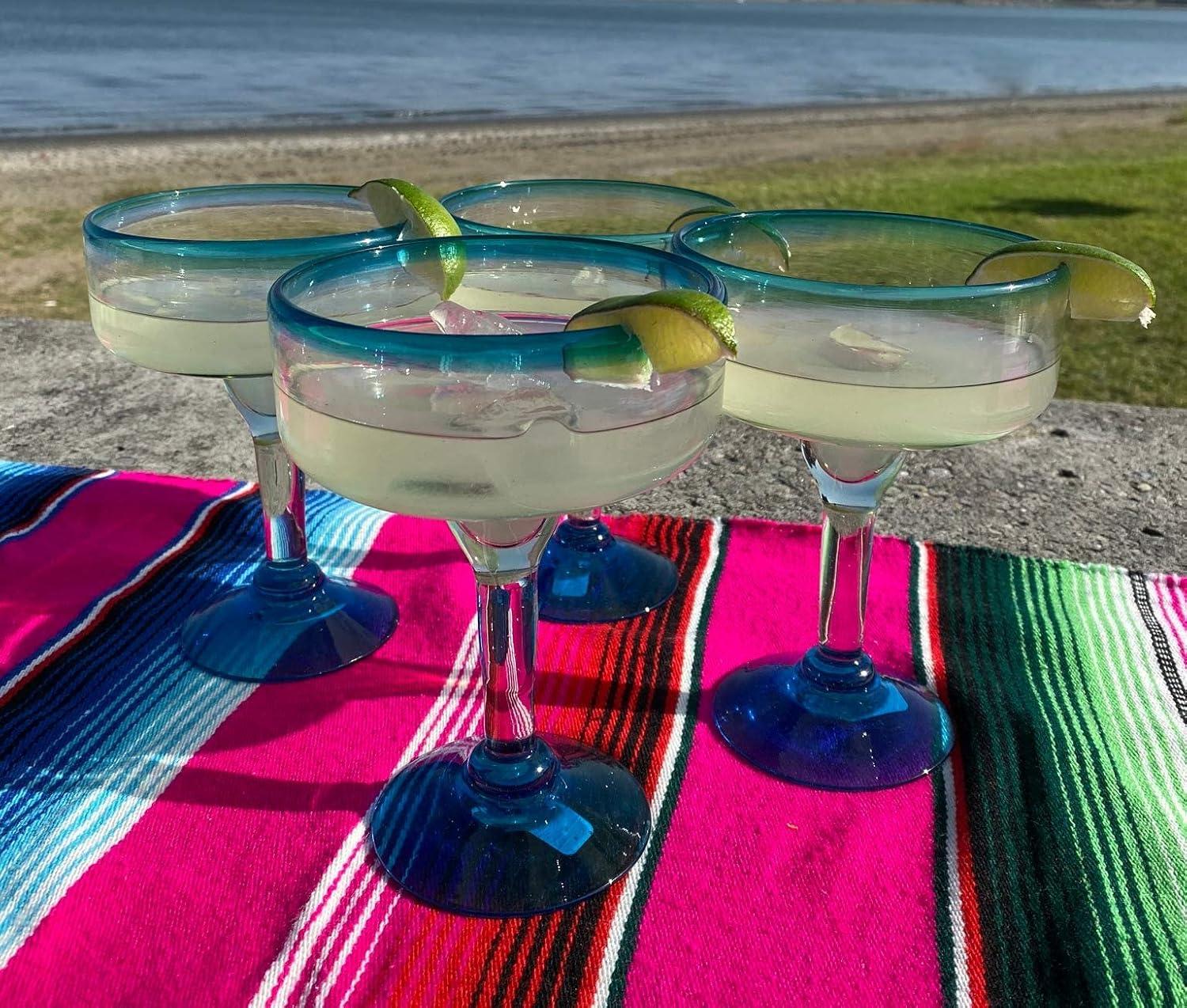 Numan Mexican Hand Blown 16 oz. Aqua Rim Margarita Glasses