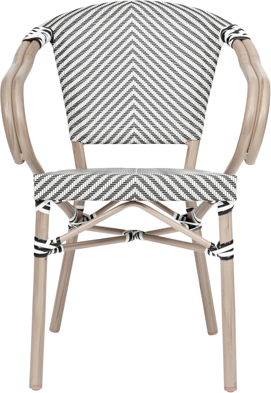 Flash Furniture Marseille Indoor/Outdoor Commercial Bistro Stacking Chair with Arms, Black/White Textilene & Bamboo Print Aluminum Frame in LT Natural