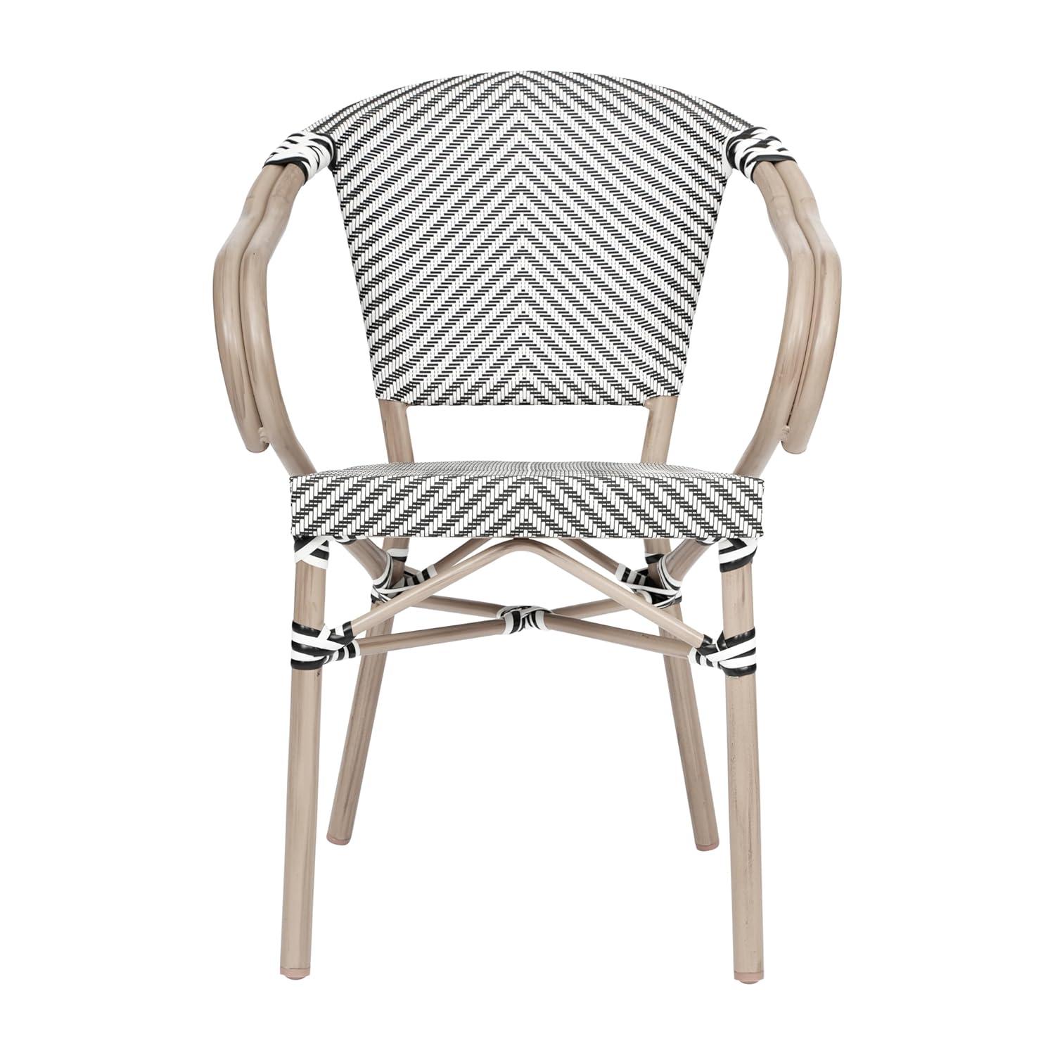 Flash Furniture Marseille Indoor/Outdoor Commercial Bistro Stacking Chair with Arms, Black/White Textilene & Bamboo Print Aluminum Frame in LT Natural