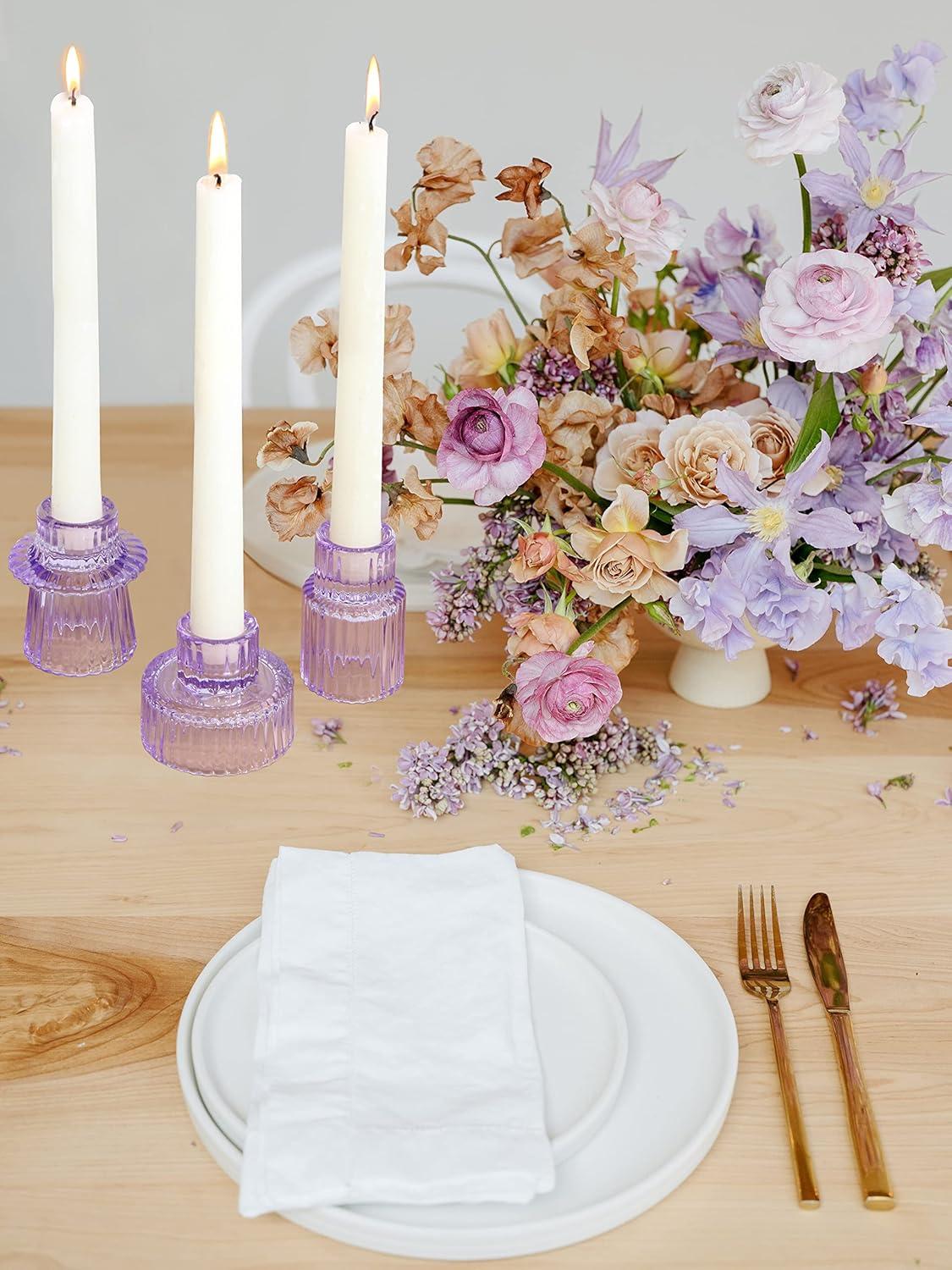 Vixdonos Taper Glass Candlestick Holders Tealight Candle Holders for Table Centerpieces, Wedding Decor and Dinner Party (6 Pcs, Purple)