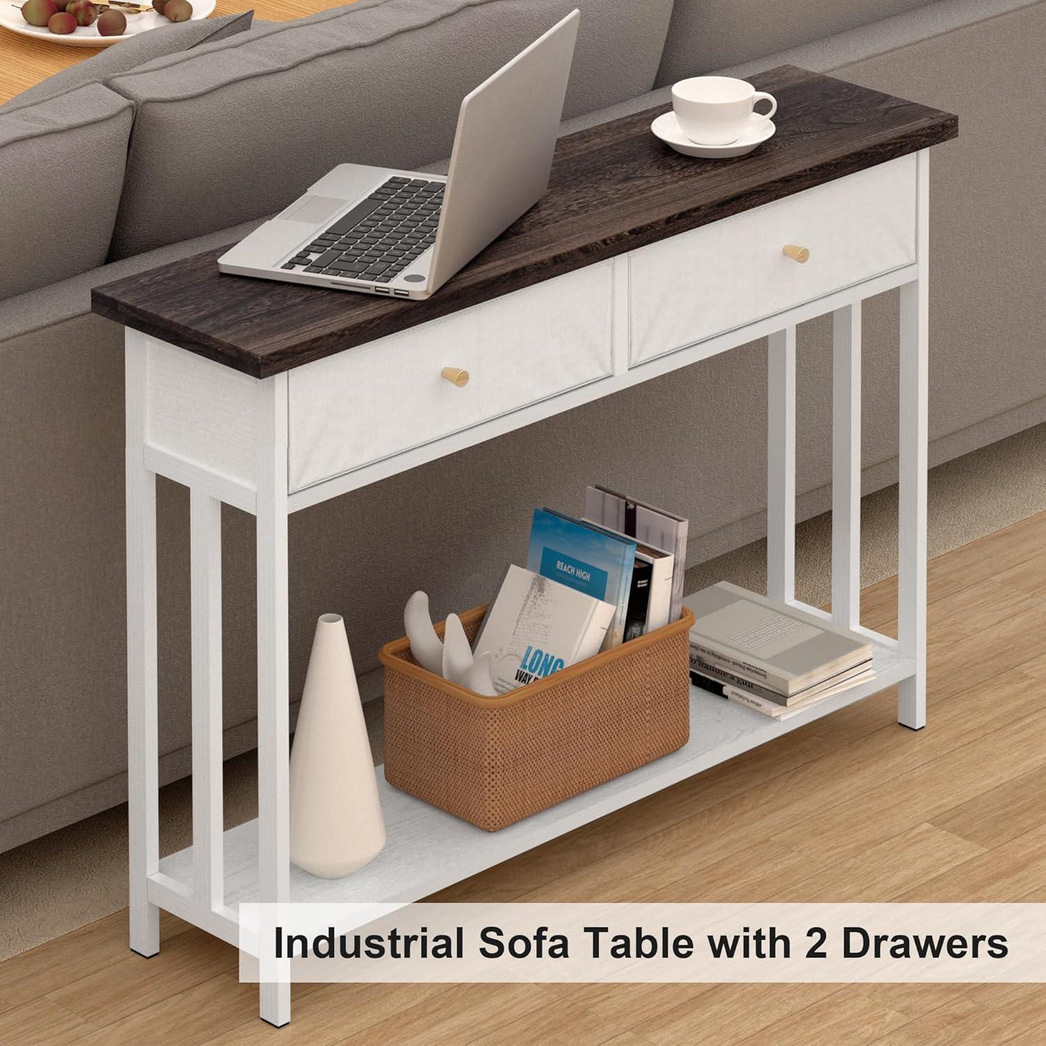 Console Table with 2 Fabric Drawers, 42" Solid Wood Entryway Table with Shelves, Storage Sofa Table for Entryway, Hallway, Living Room, Kitchen or Behind Couch in Foyer, White