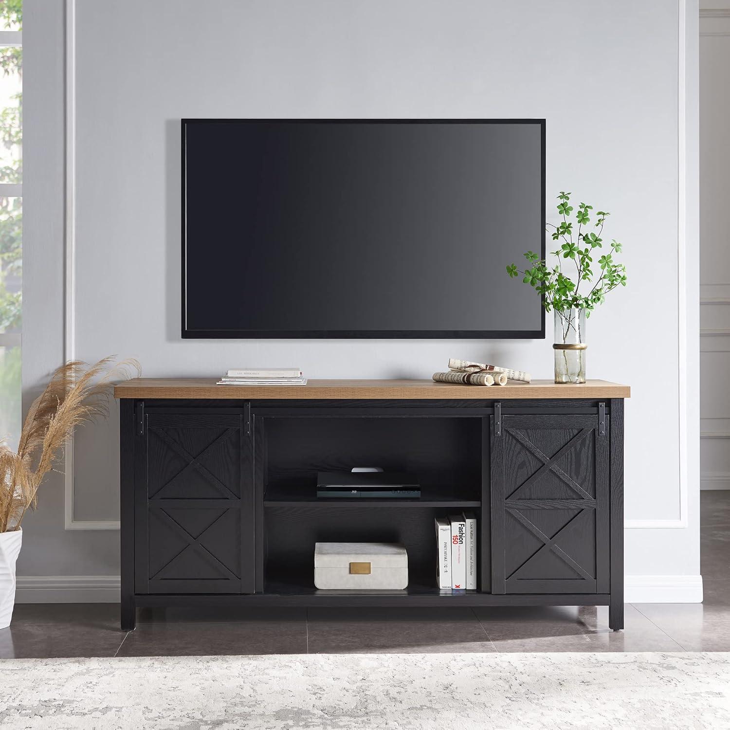 Elmwood Transitional Black Grain and Golden Brown Metal TV Stand for 70"+ TVs