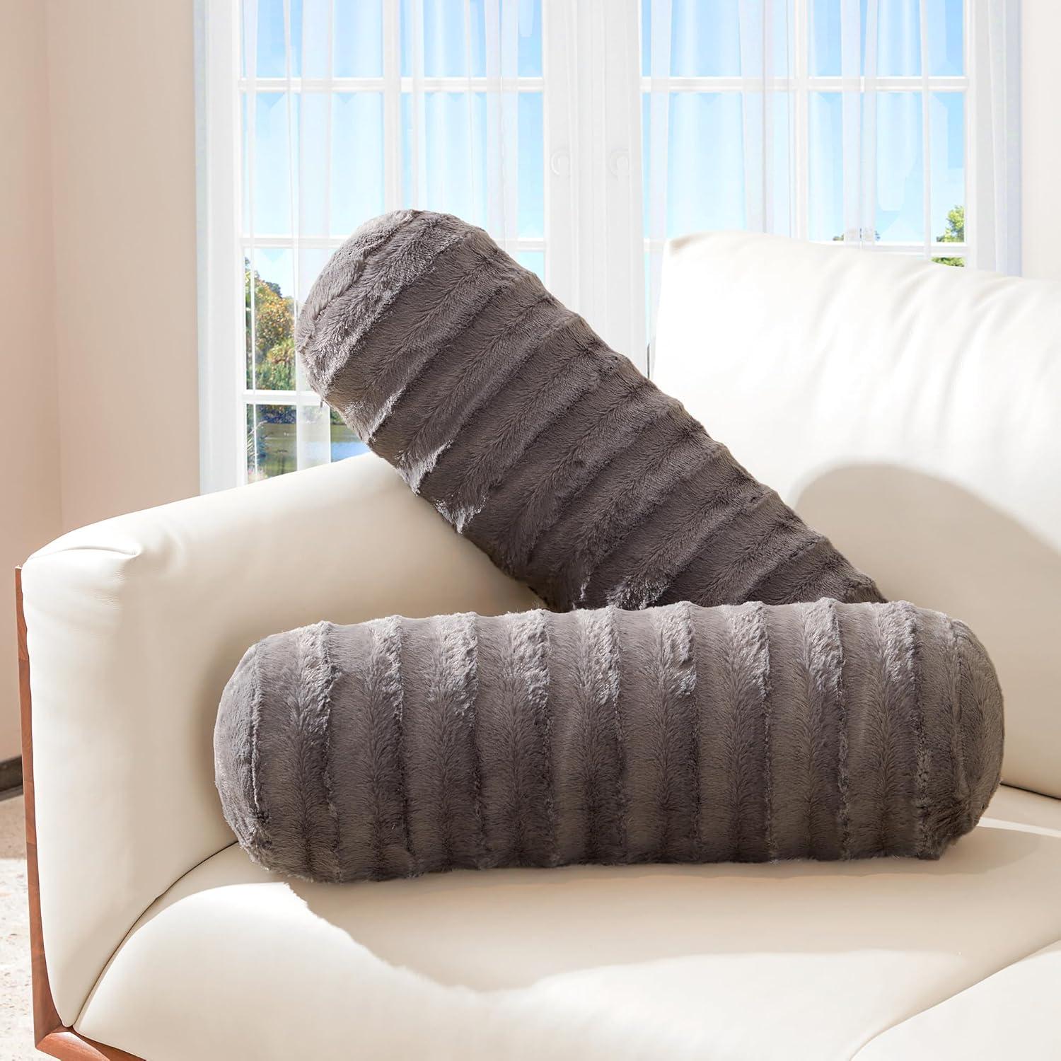 Gray Faux Fur Cylinder Bolster Pillow Set