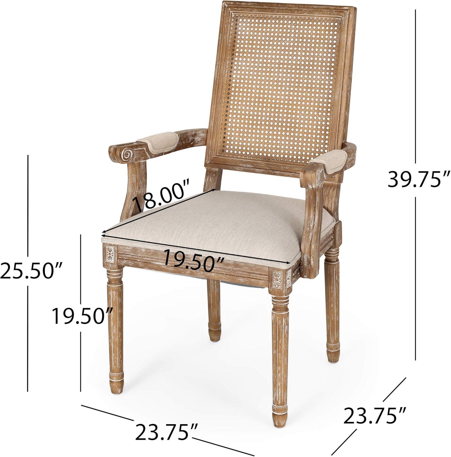 French Country Elegance Beige & Natural Wood Cane Upholstered Arm Chair