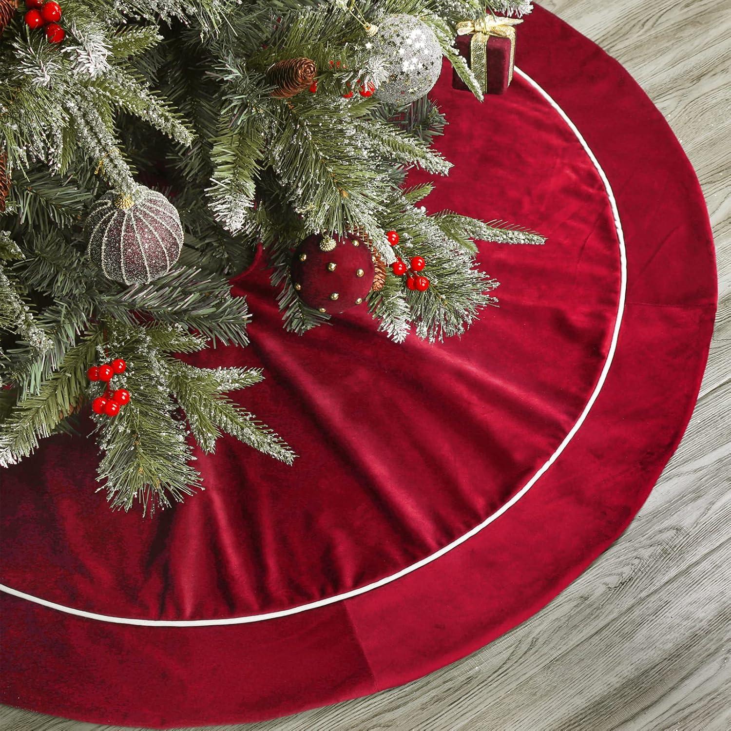 Christmas Tree Skirt, 48 inches Red Luxury Velvet Plush Fur Skirts with Gold Embroidered Holly Leaf for Rustic Xmas Tree Holiday Decorations