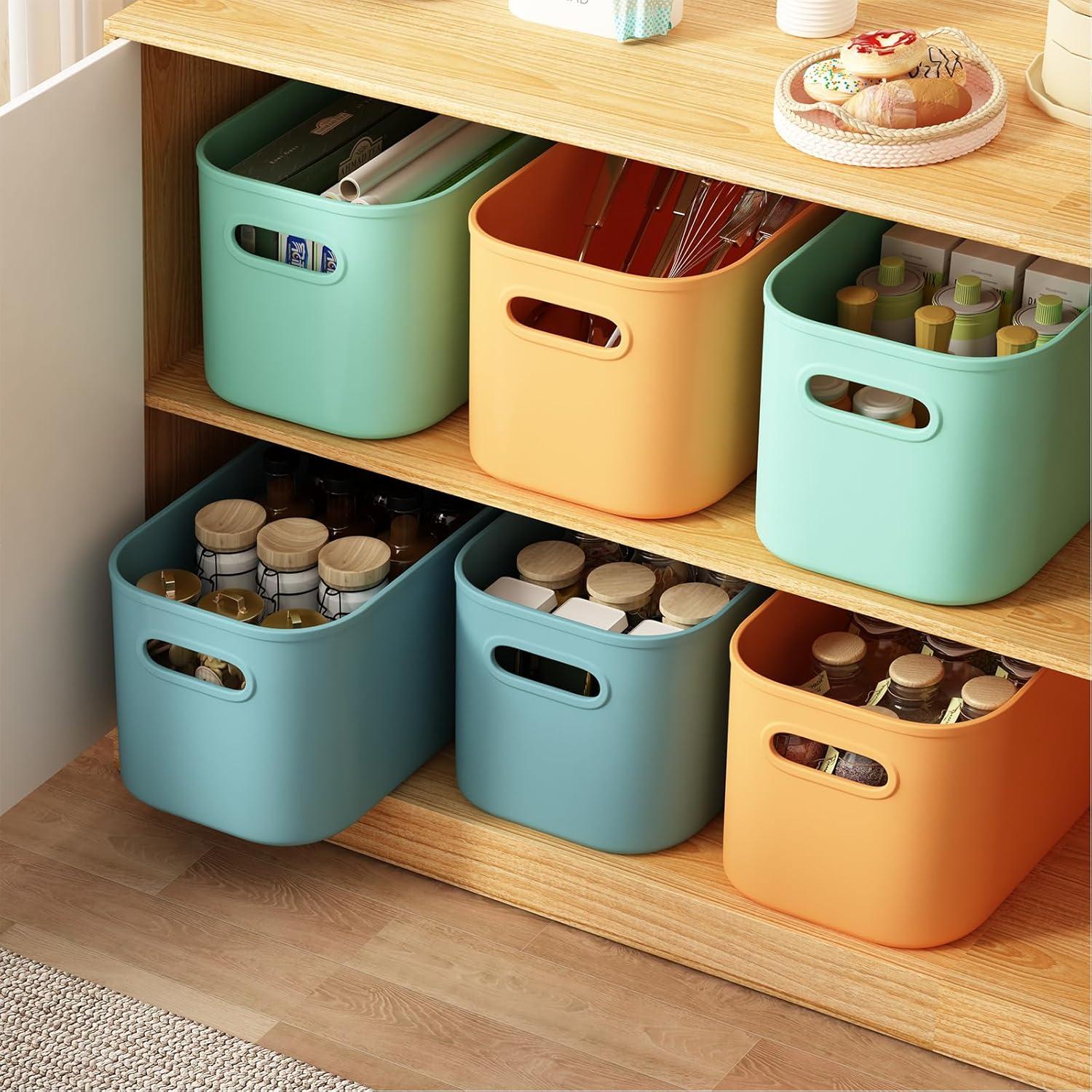 8 Pieces Colorful Storage Bins with Lid and Handle, Plastic Stackable Baskets Desktop Cube Box Cubby Bins Containers for Shelf Cabinet Bedroom Office (Multi-colored,14.2 x 10.2 x 9.5 Inch)