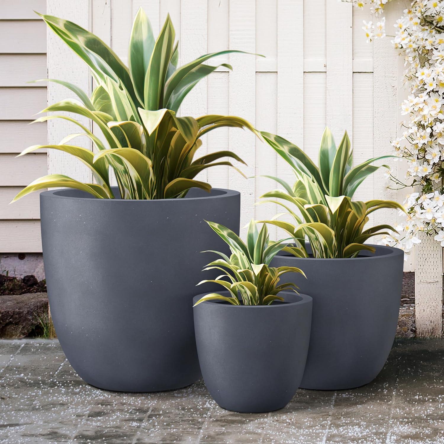 Set of 3 17" Kante Lightweight Modern Seamless Outdoor Concrete Oval Planter Charcoal Black - Rosemead Home & Garden, Inc.