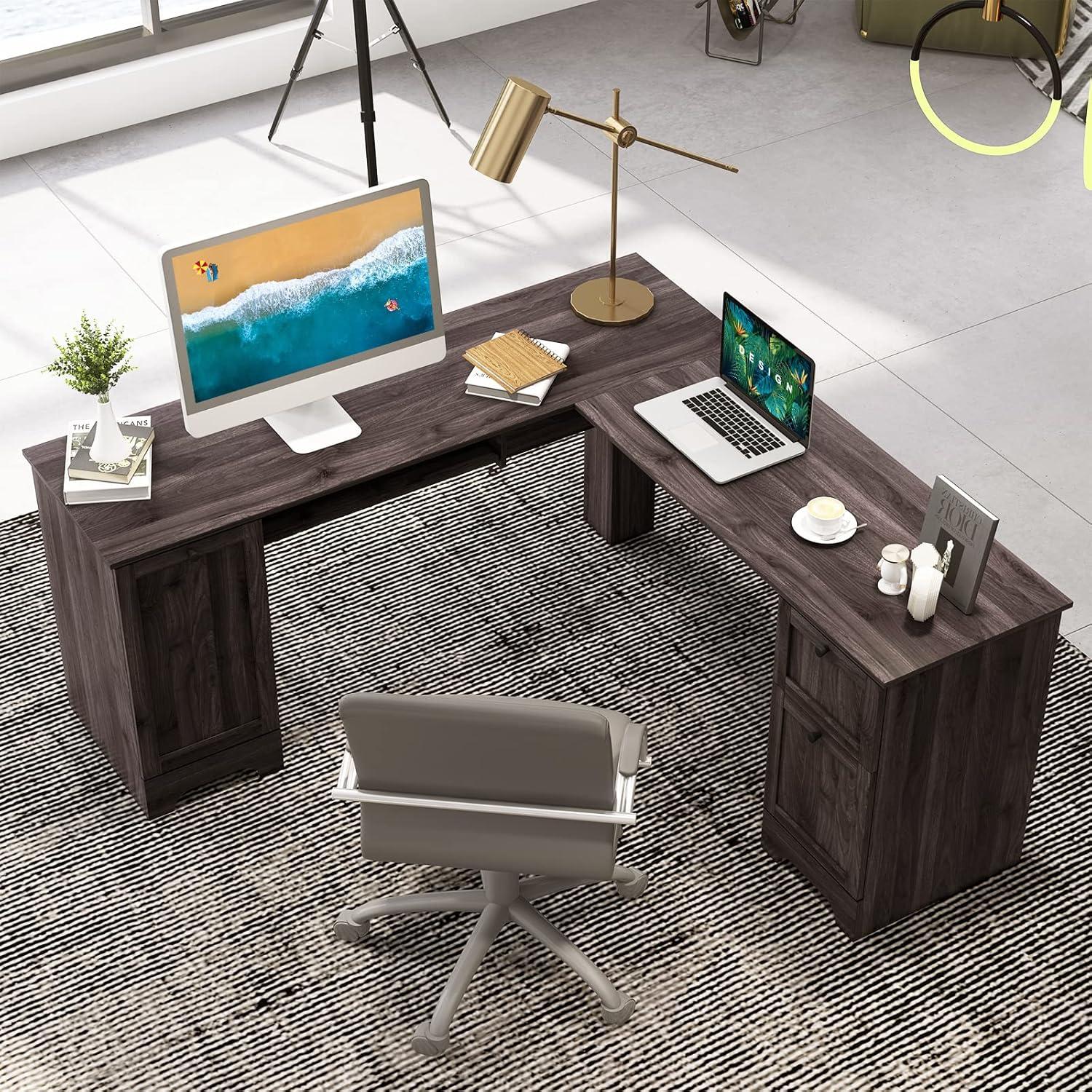 Dark Brown L-Shaped Corner Computer Desk with Drawers and Keyboard Tray