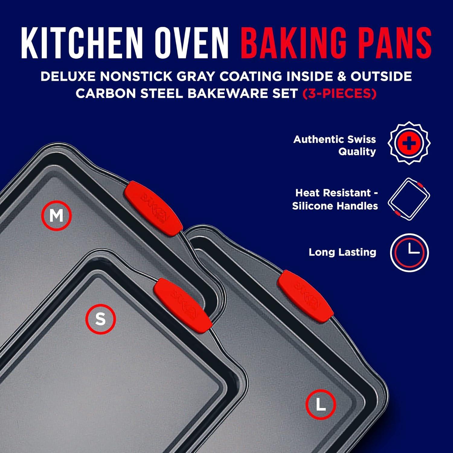 Baking Pan Set – 3 Piece Cookie Sheet – Deluxe Black  Non-Stick Carbon Steel – Silicone Handles –