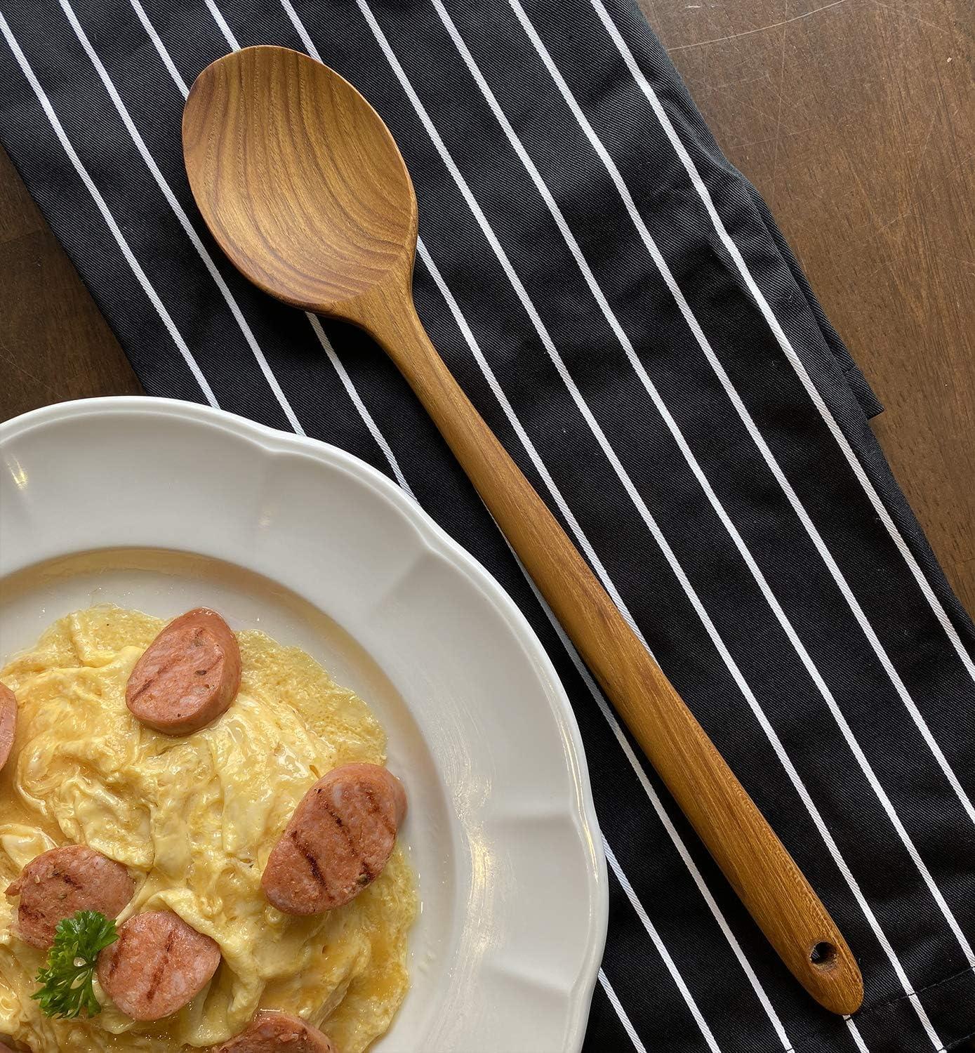 FAAY 12.5 Inch Wood Utensil Set (2 PCS), Teak Wooden Right Hand Spatula & Flat Spoon, 100% Natural from High Moist Resistance Teak Wood, Healthy Wooden Spoon Spatula for Non Stick Cookware