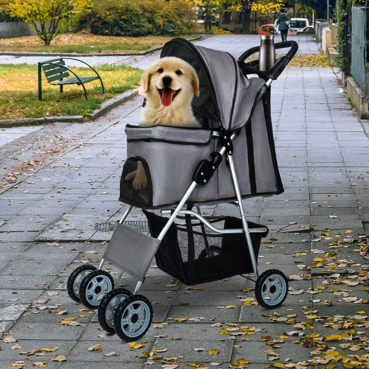 CL.HPAHKL 4 Wheels Pet Stroller, Dog Cat Jogger Stroller for Medium Small Dogs Cats Folding Lightweight Travel Stroller with Cup Holder, Gray