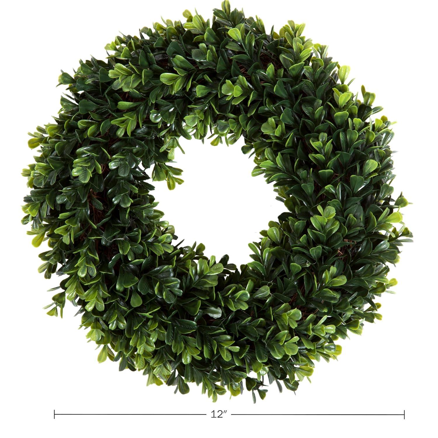 Artificial Boxwood Wreath - 12 Inch UV-Resistant Plastic Front Door Wreath and Window Decor for Spring and Summer by Pure Garden (Green)